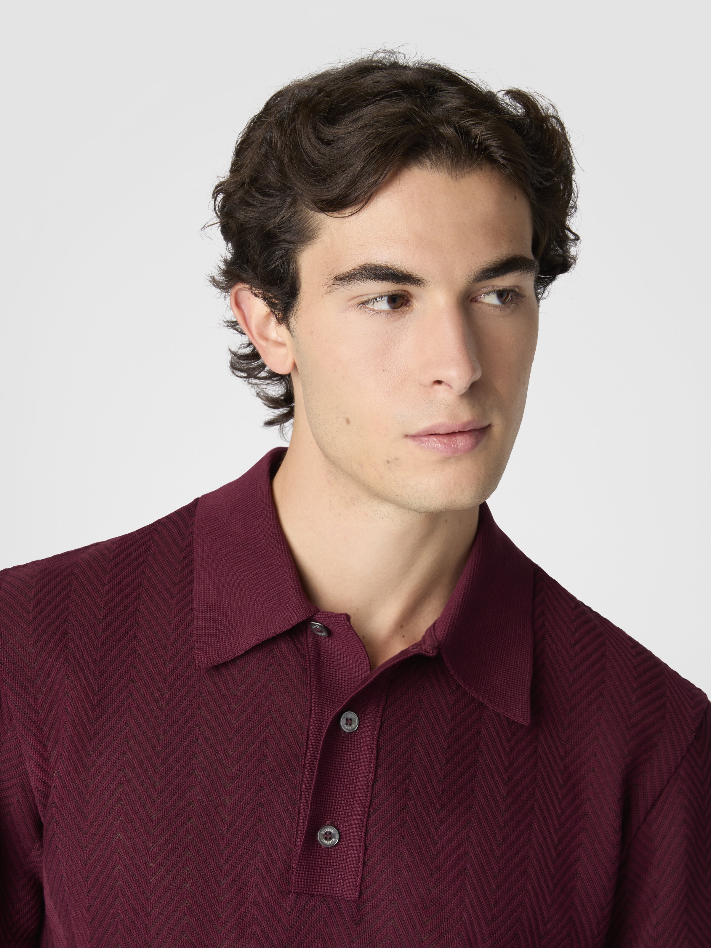 Cotton and viscose polo shirt with tone-on-tone zigzag, Burgundy - 4