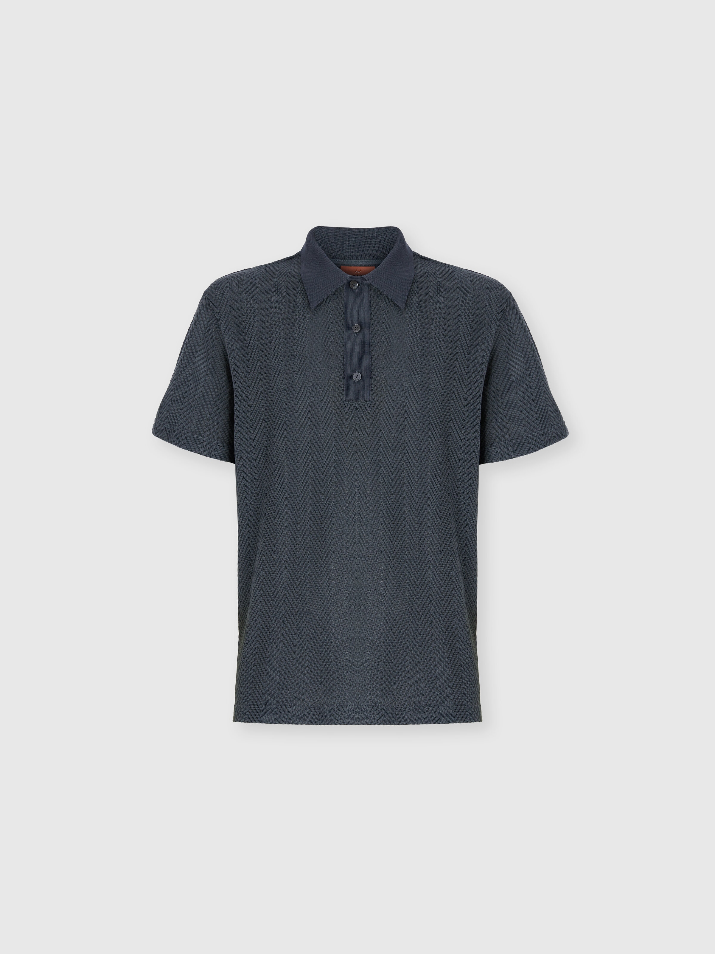 Cotton and viscose polo shirt with tone-on-tone zigzag, Grey - 0