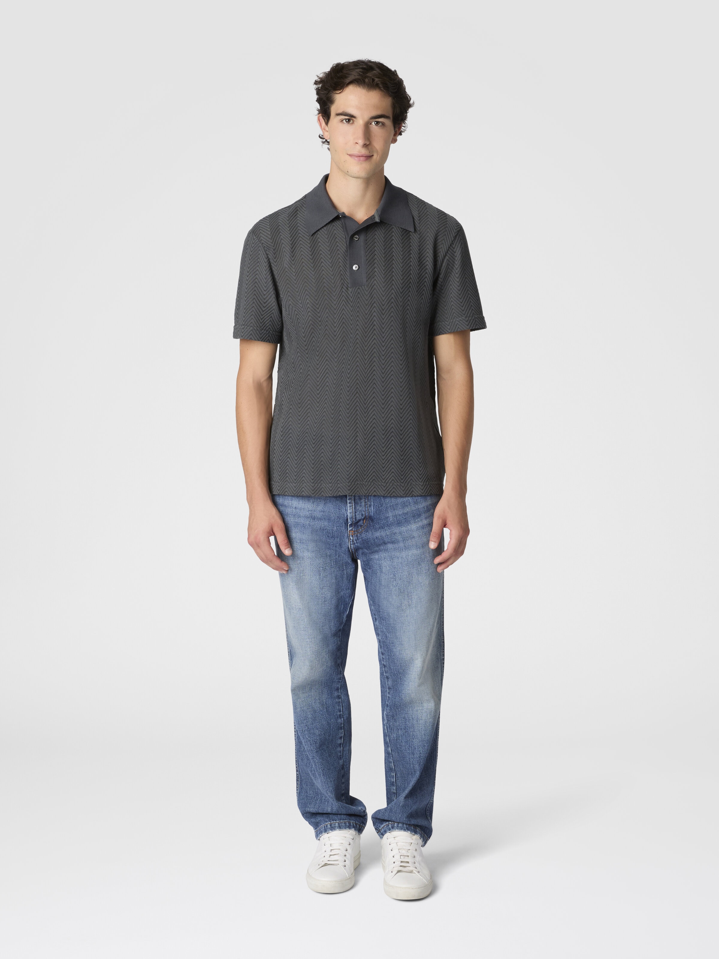 Cotton and viscose polo shirt with tone-on-tone zigzag, Grey - 1