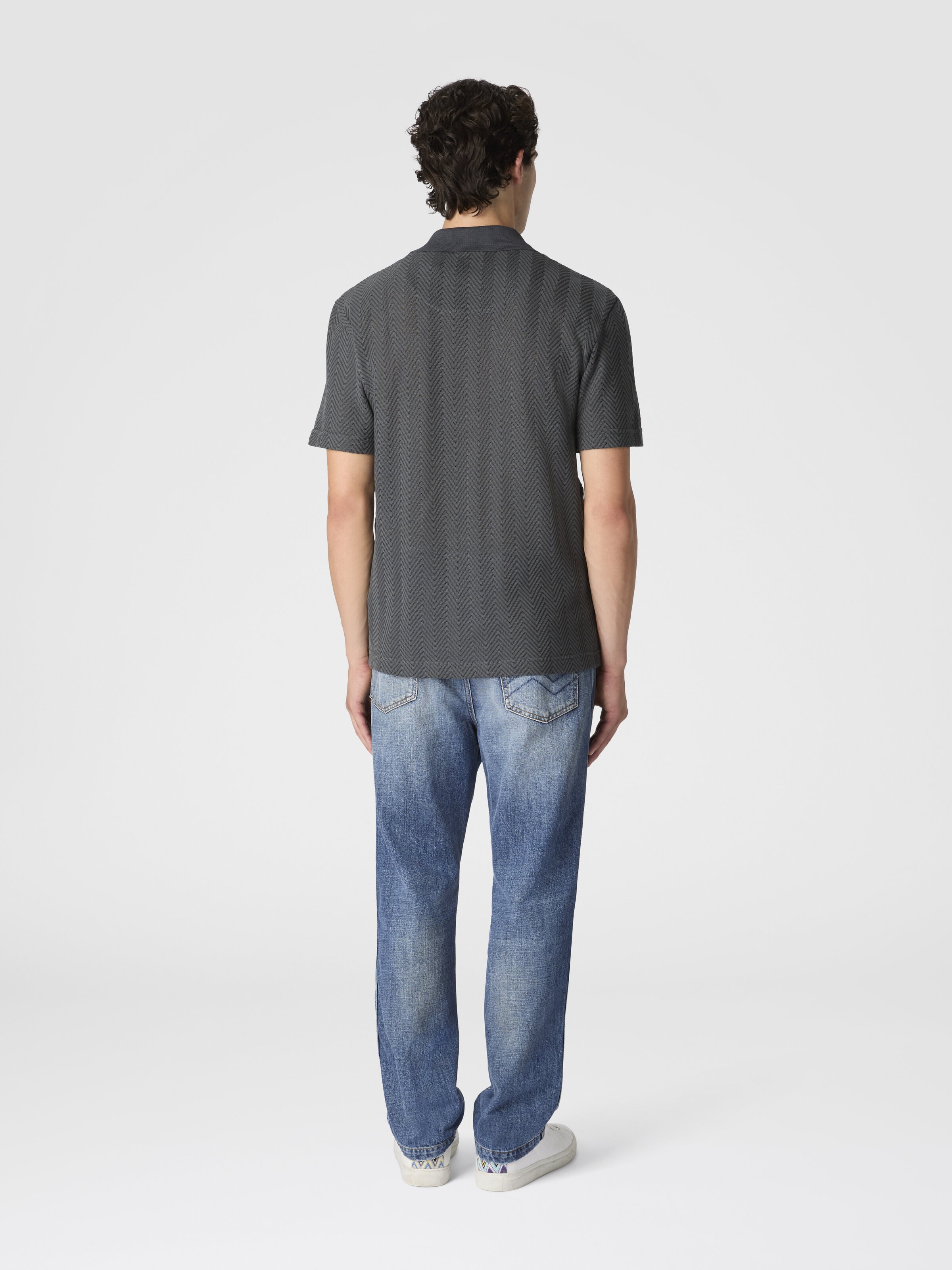 Cotton and viscose polo shirt with tone-on-tone zigzag, Grey - 2