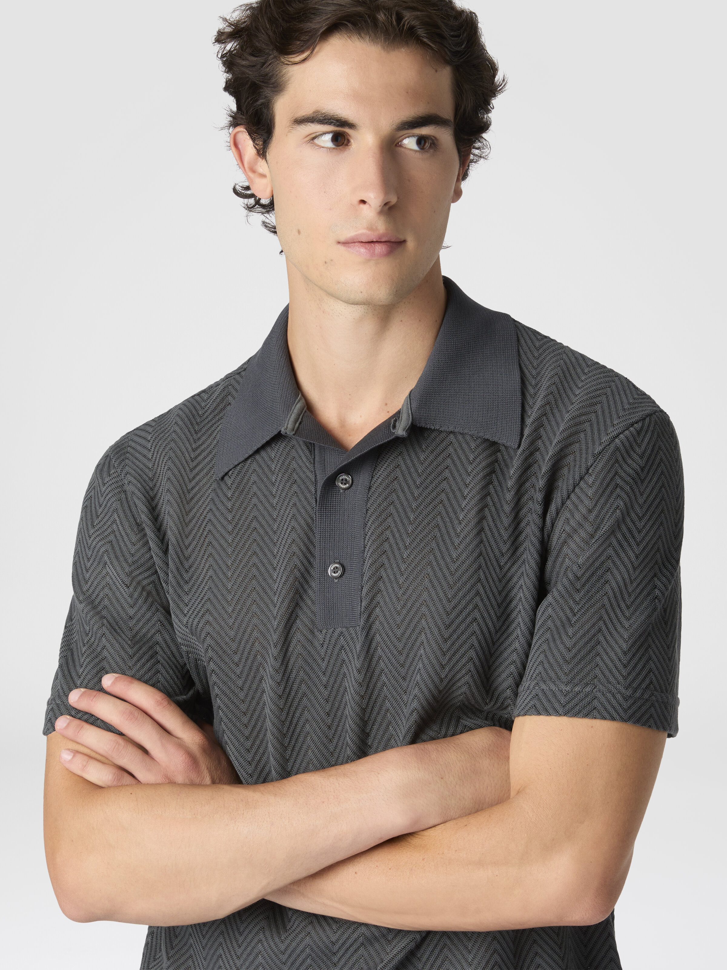 Cotton and viscose polo shirt with tone-on-tone zigzag, Grey - 3