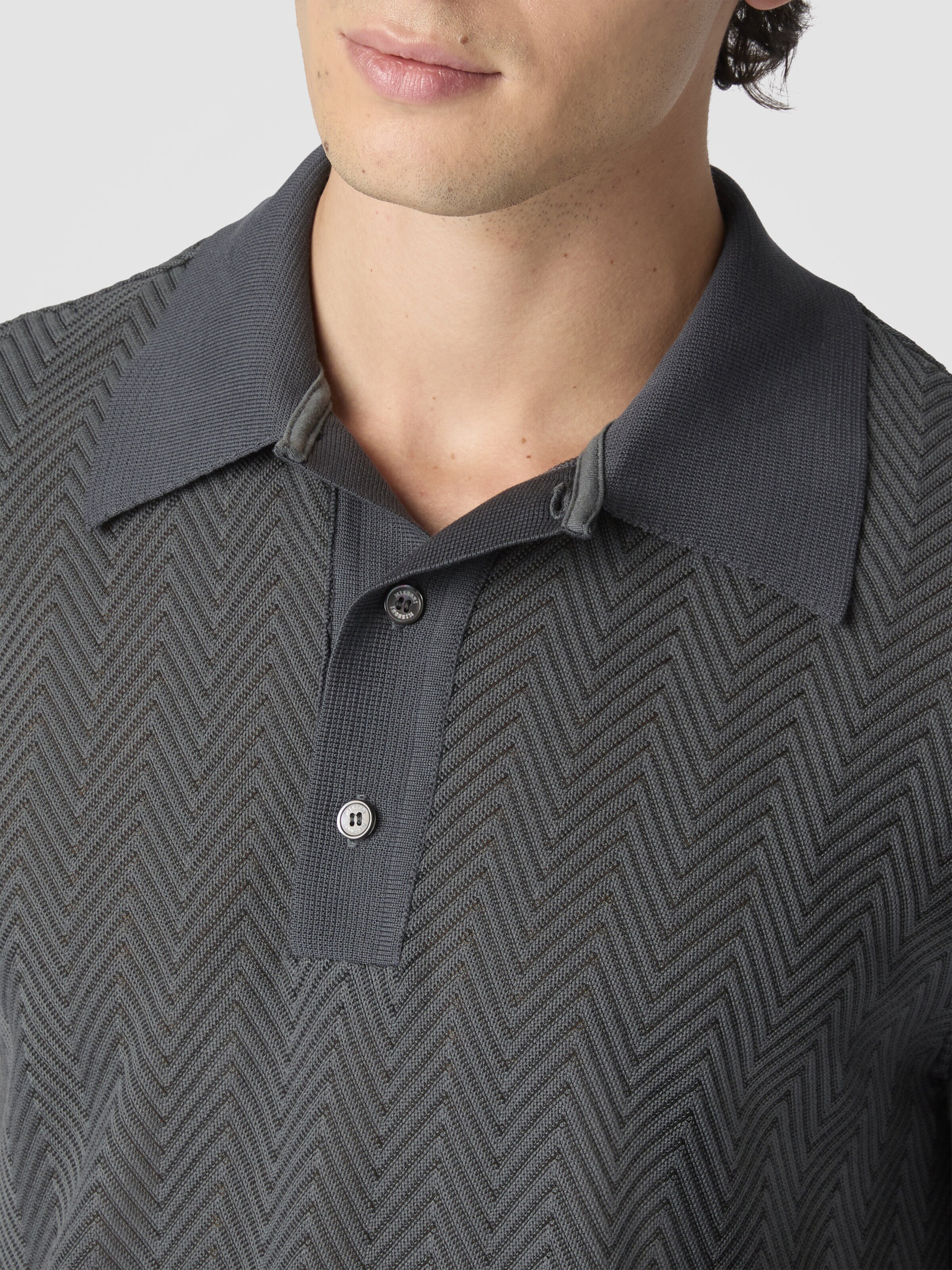 Cotton and viscose polo shirt with tone-on-tone zigzag, Grey - 4