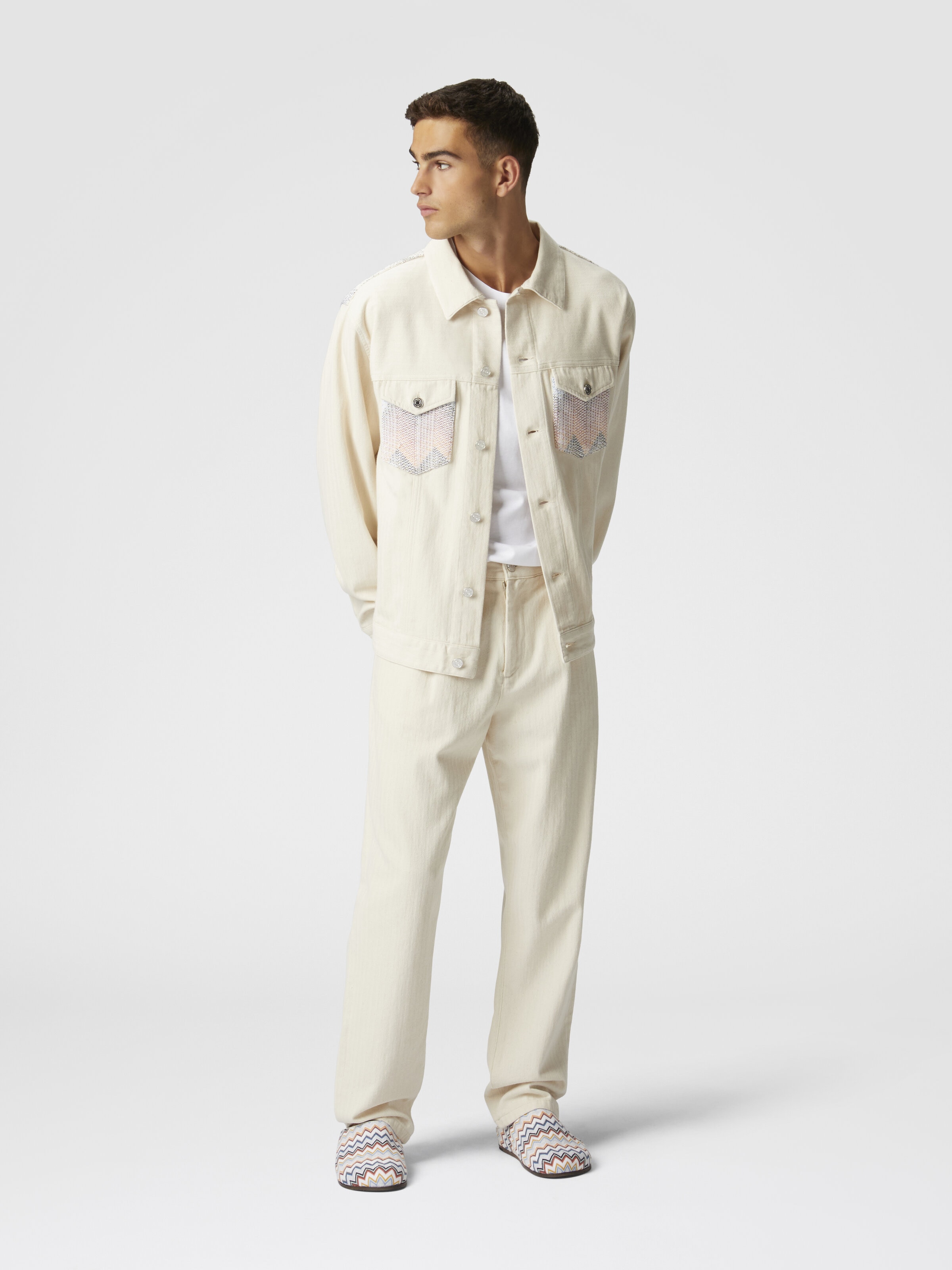 Klassische Denim-Hose mit Chevron-Strickeinsätzen, Beige - 3