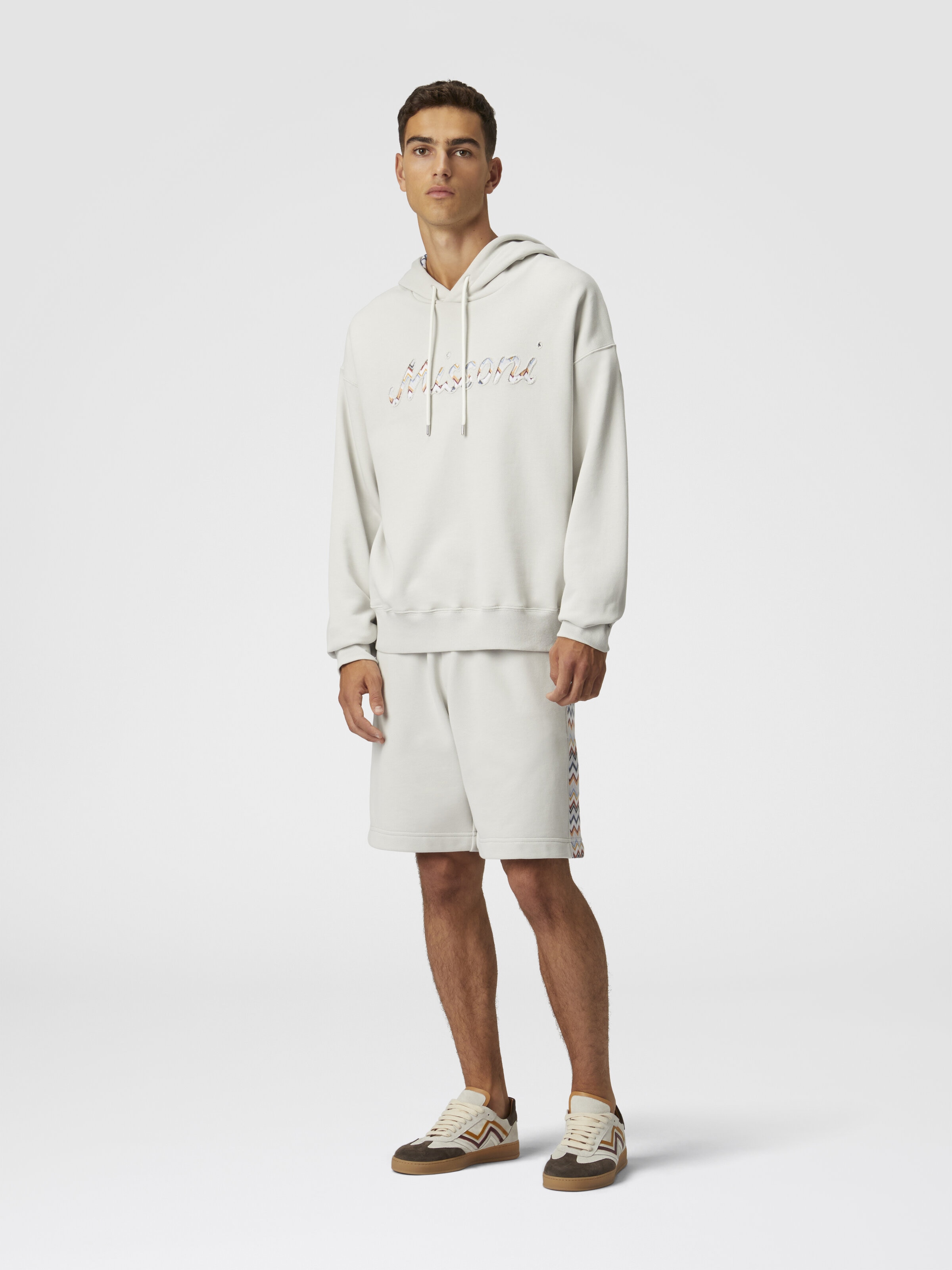 Short en coton avec empiècement en zigzag, Blanc  - 1