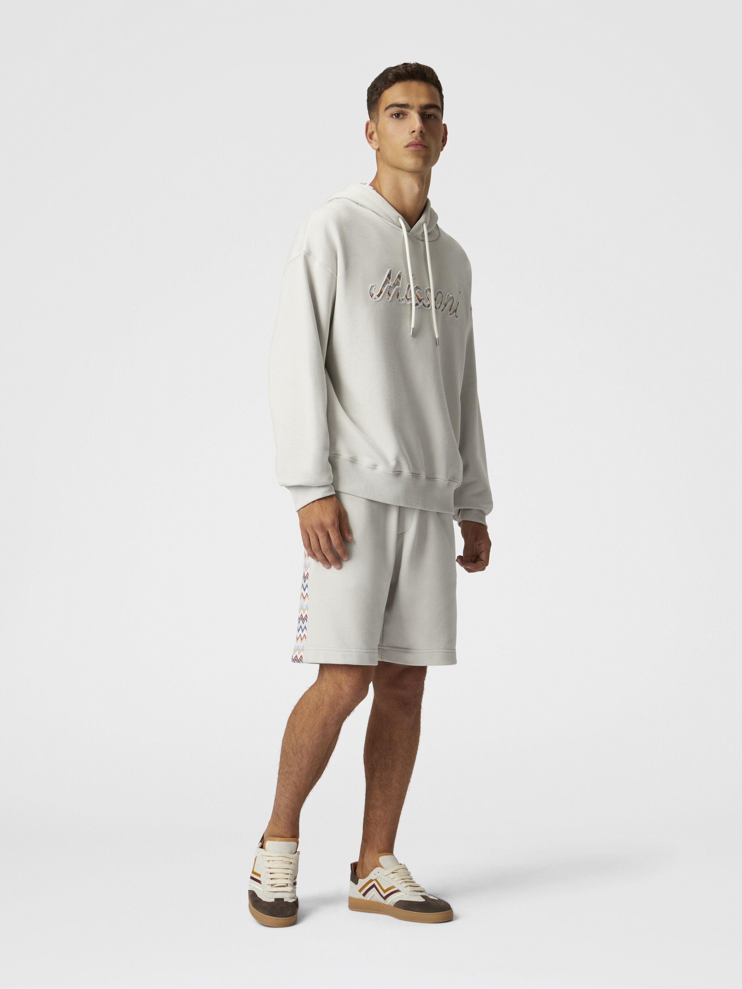 Short en coton avec empiècement en zigzag, Blanc  - 3