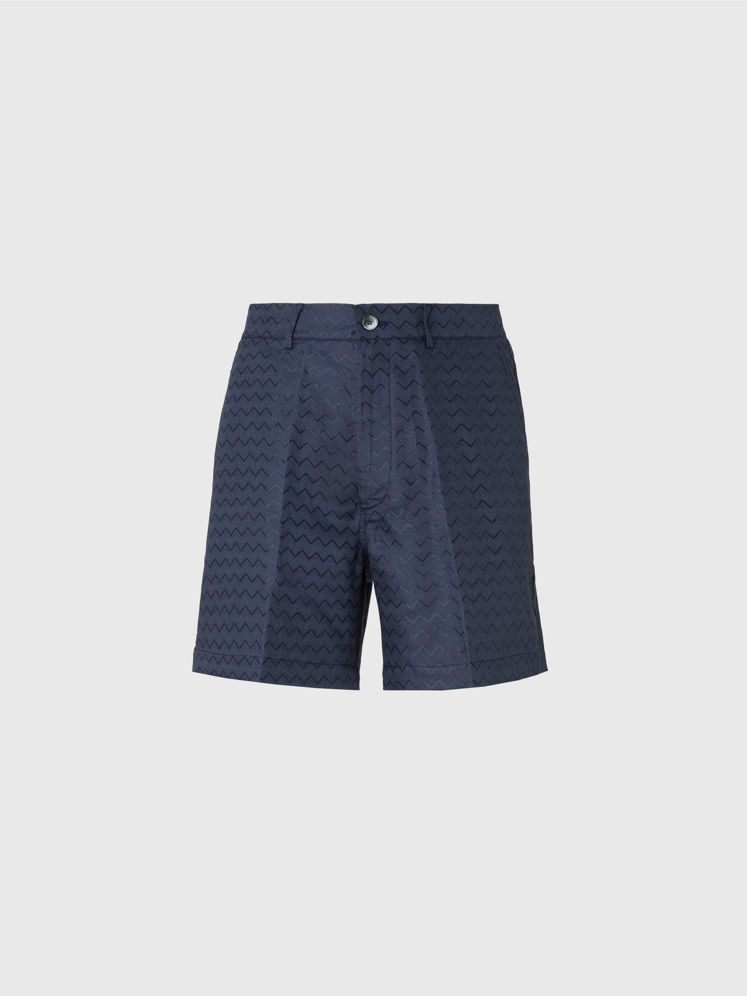 Maßgeschneiderte Shorts aus Baumwolle, Viskose und Leinen mit glänzendem Zickzack-Muster, Blau - 0