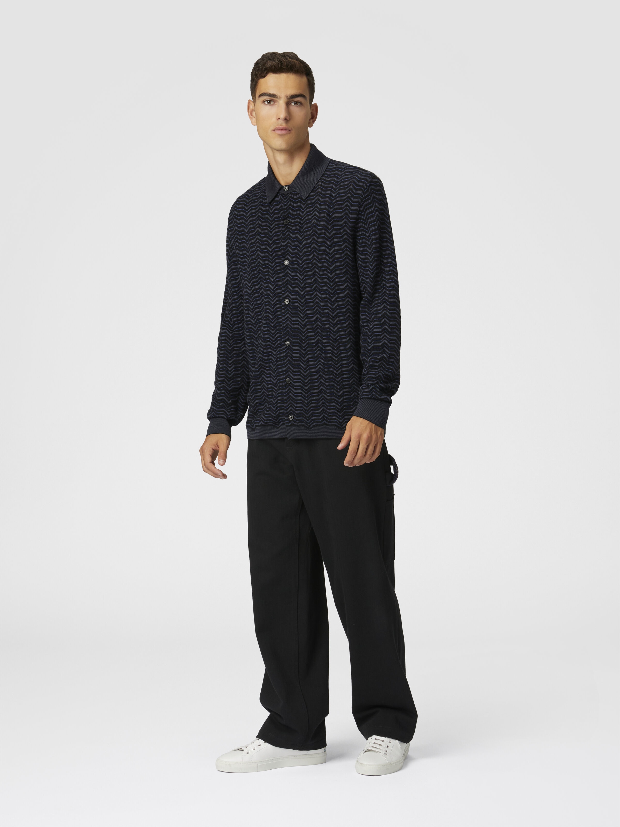 Camicia in maglia di lana e viscosa con onde, Blu & Grigio - 1