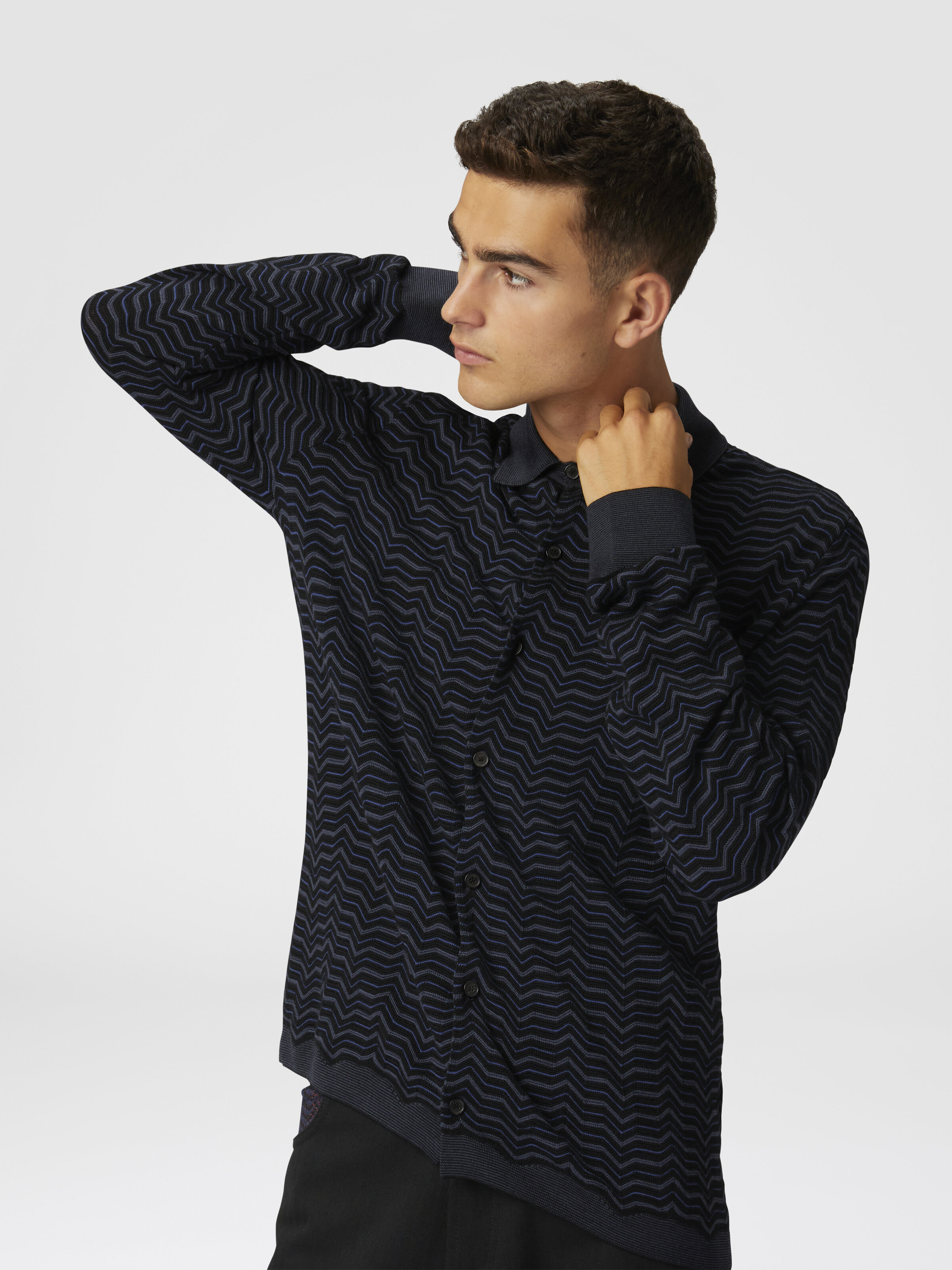 Camicia in maglia di lana e viscosa con onde, Blu & Grigio - 3
