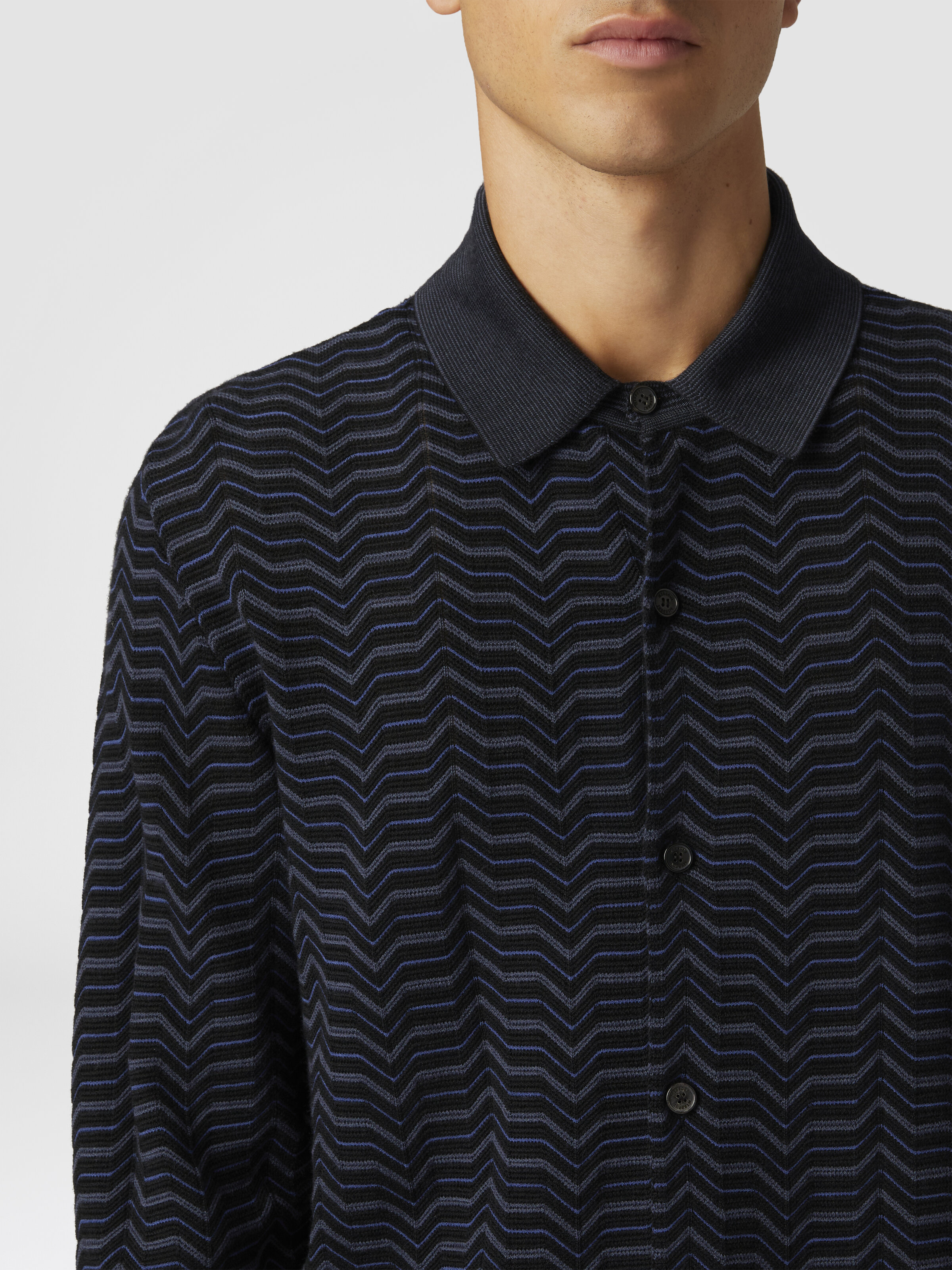 Camicia in maglia di lana e viscosa con onde, Blu & Grigio - 4