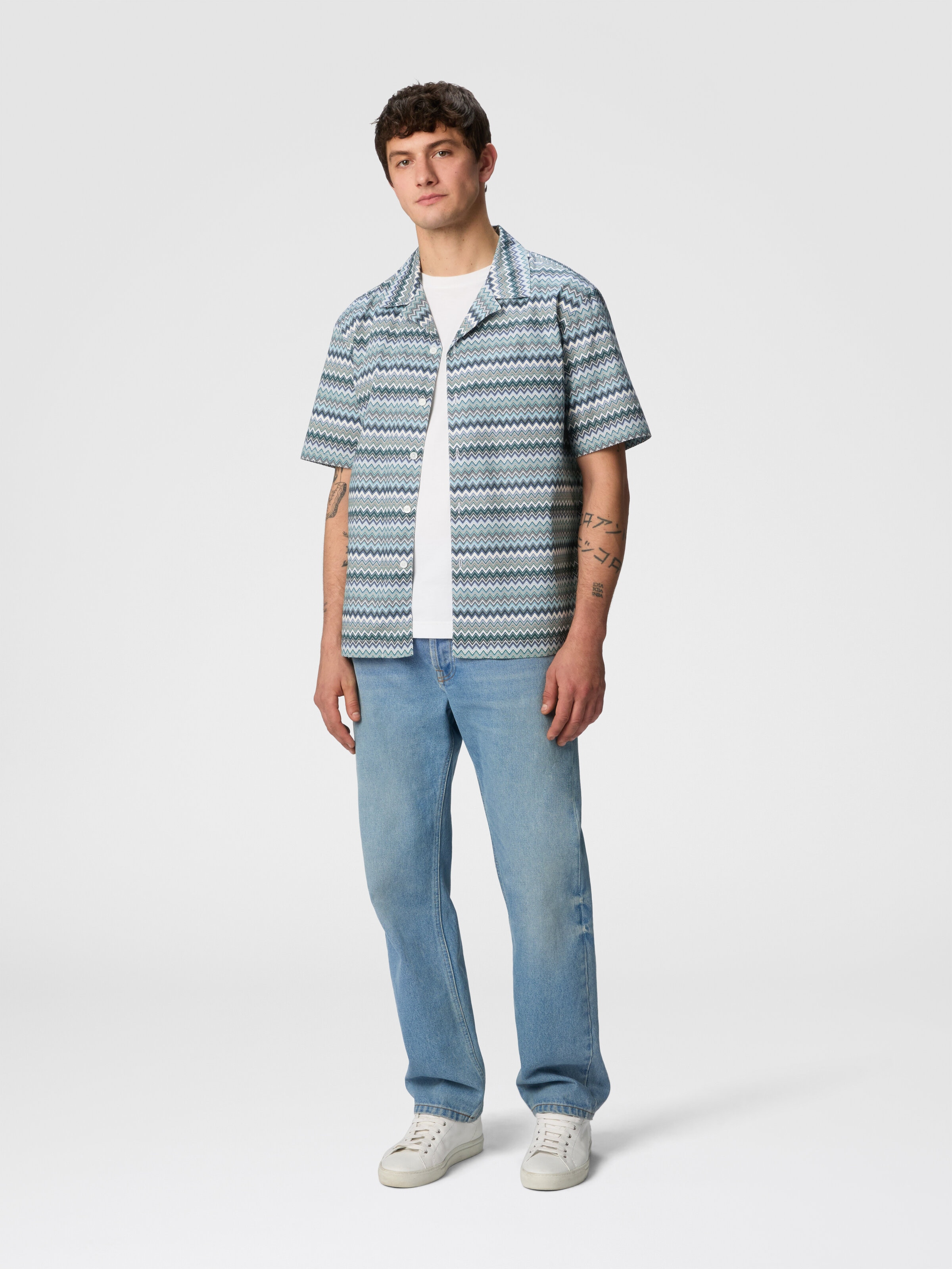 Zig zag cotton poplin bowling shirt with breast pocket, Green - 1