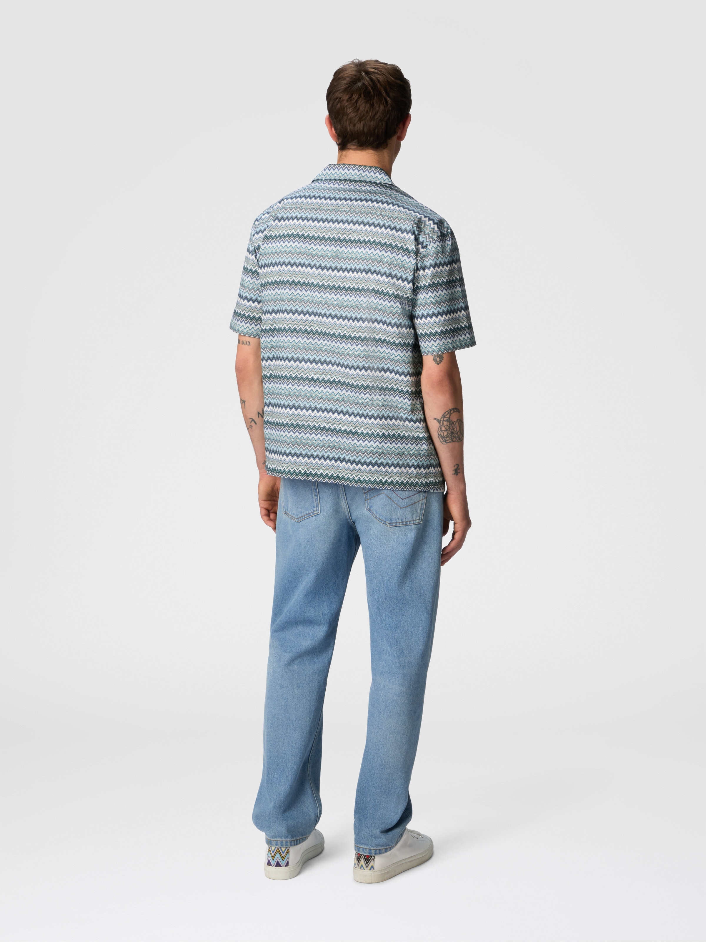 Zig zag cotton poplin bowling shirt with breast pocket, Green - 2