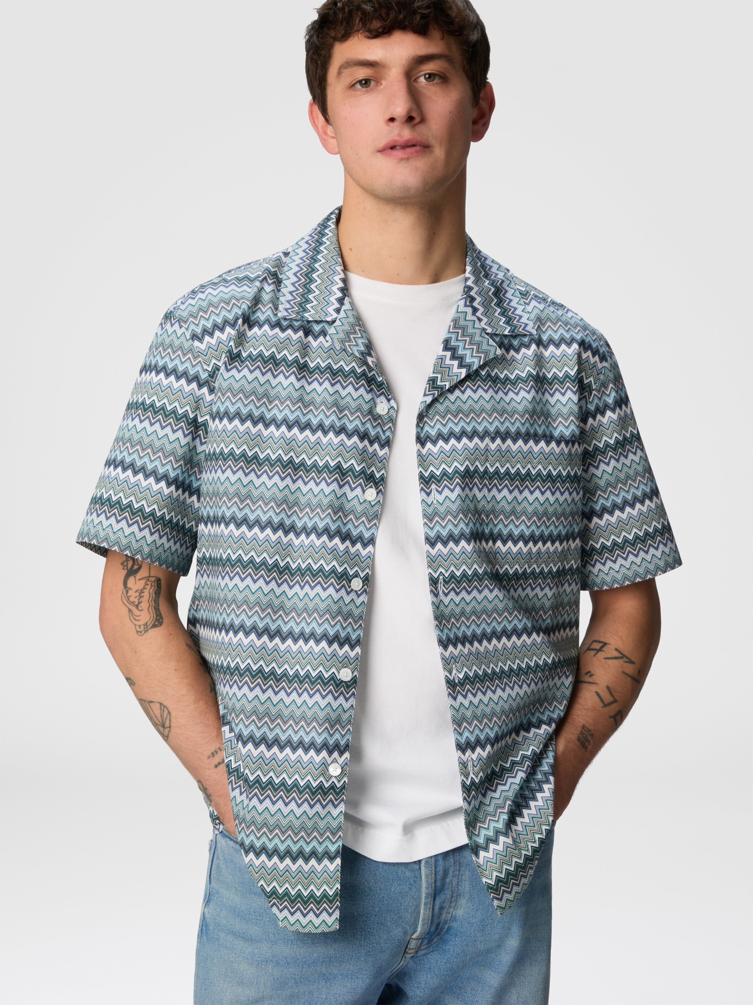 Zig zag cotton poplin bowling shirt with breast pocket, Green - 3