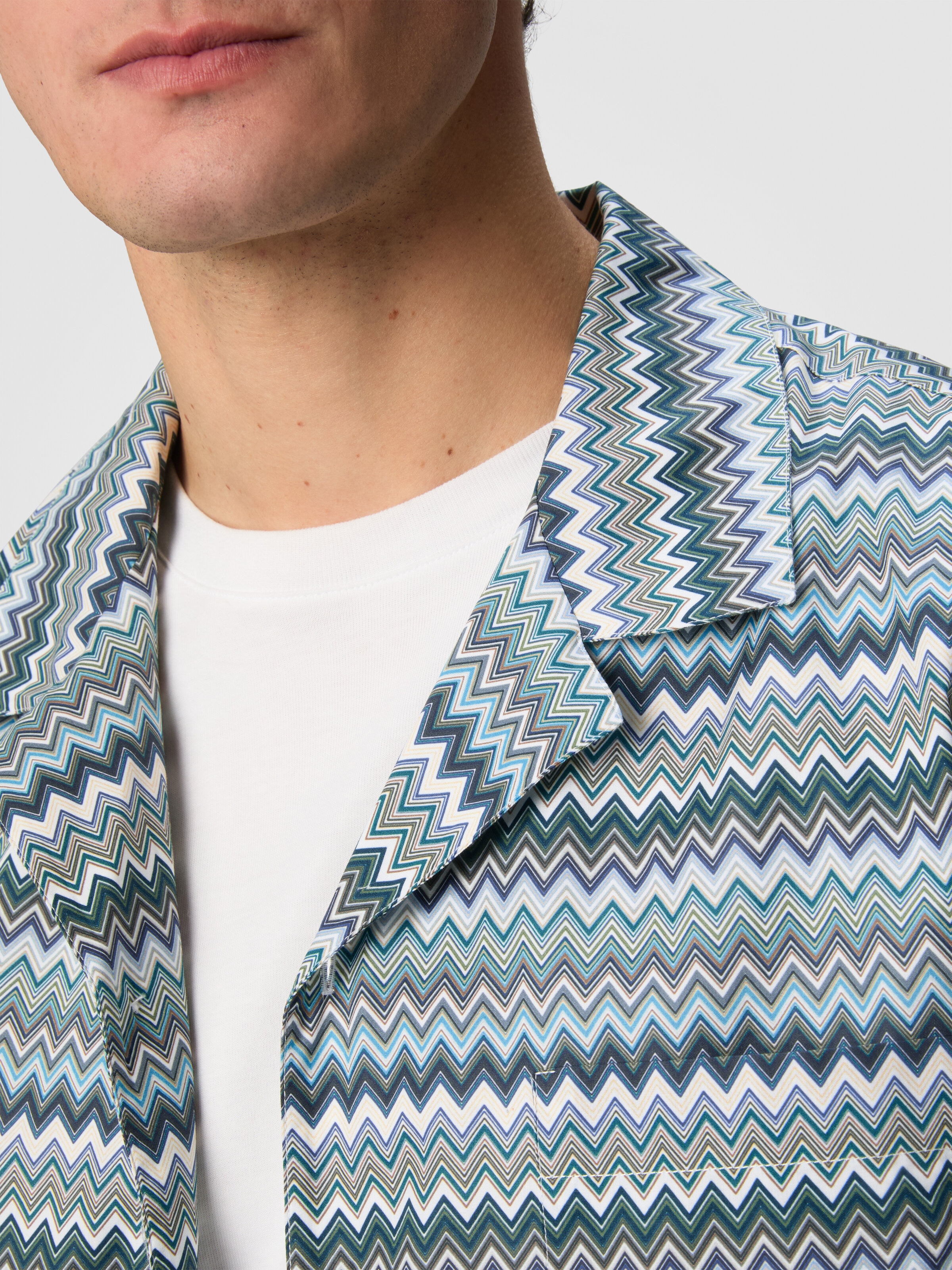 Zig zag cotton poplin bowling shirt with breast pocket, Green - 4