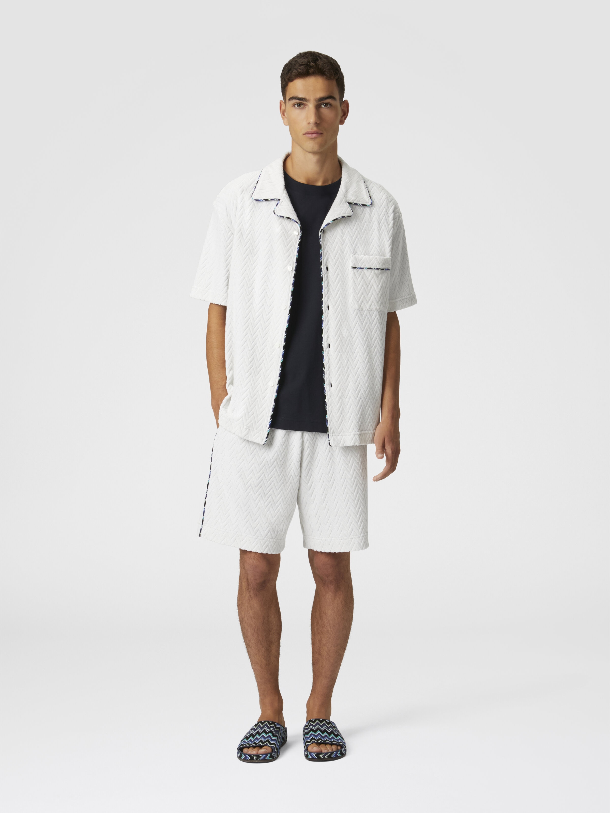 Bowling shirt in zig zag cotton terry with contrasting profiles, White  - 1
