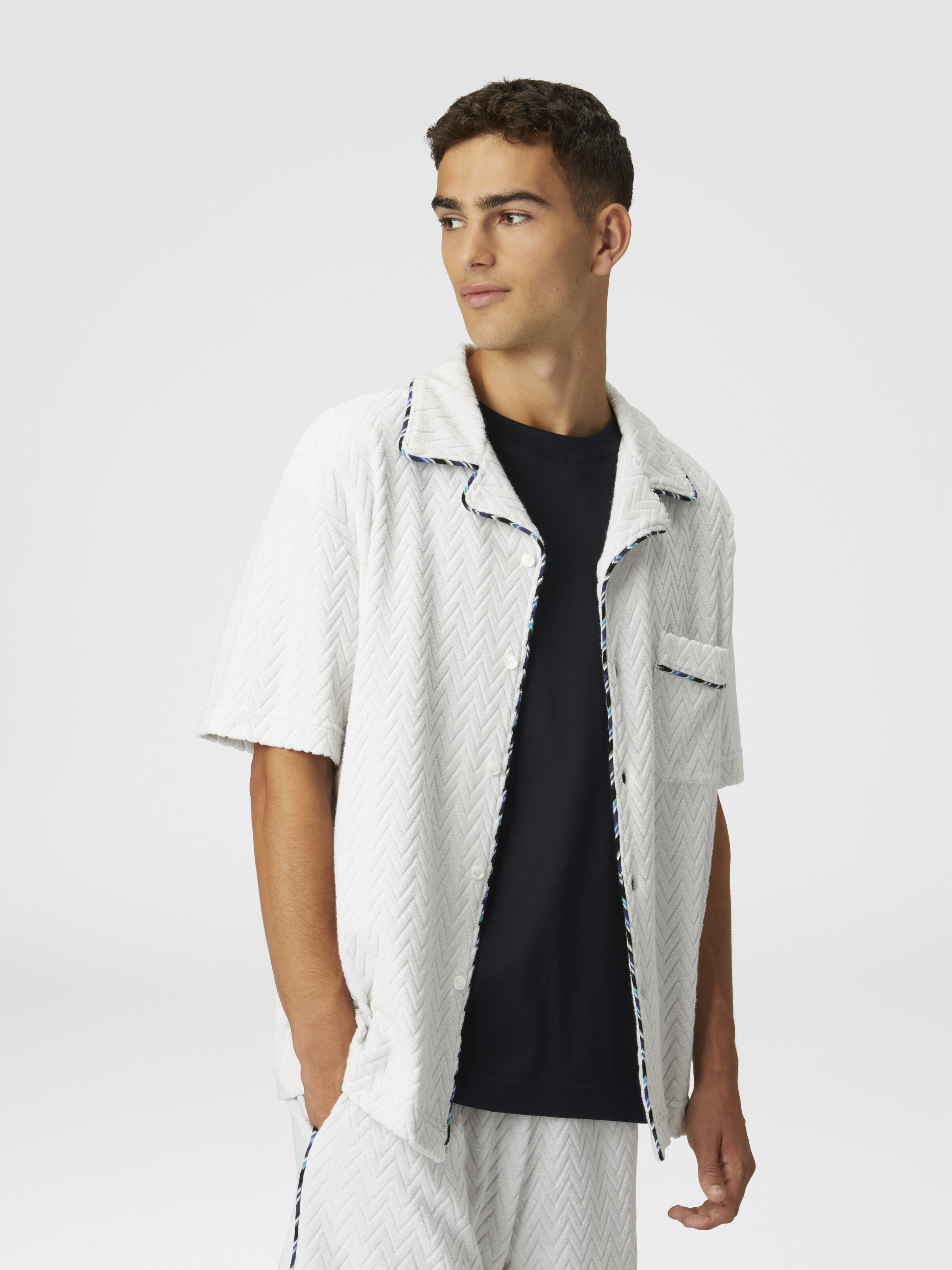 Bowling shirt in zig zag cotton terry with contrasting profiles, White  - 3