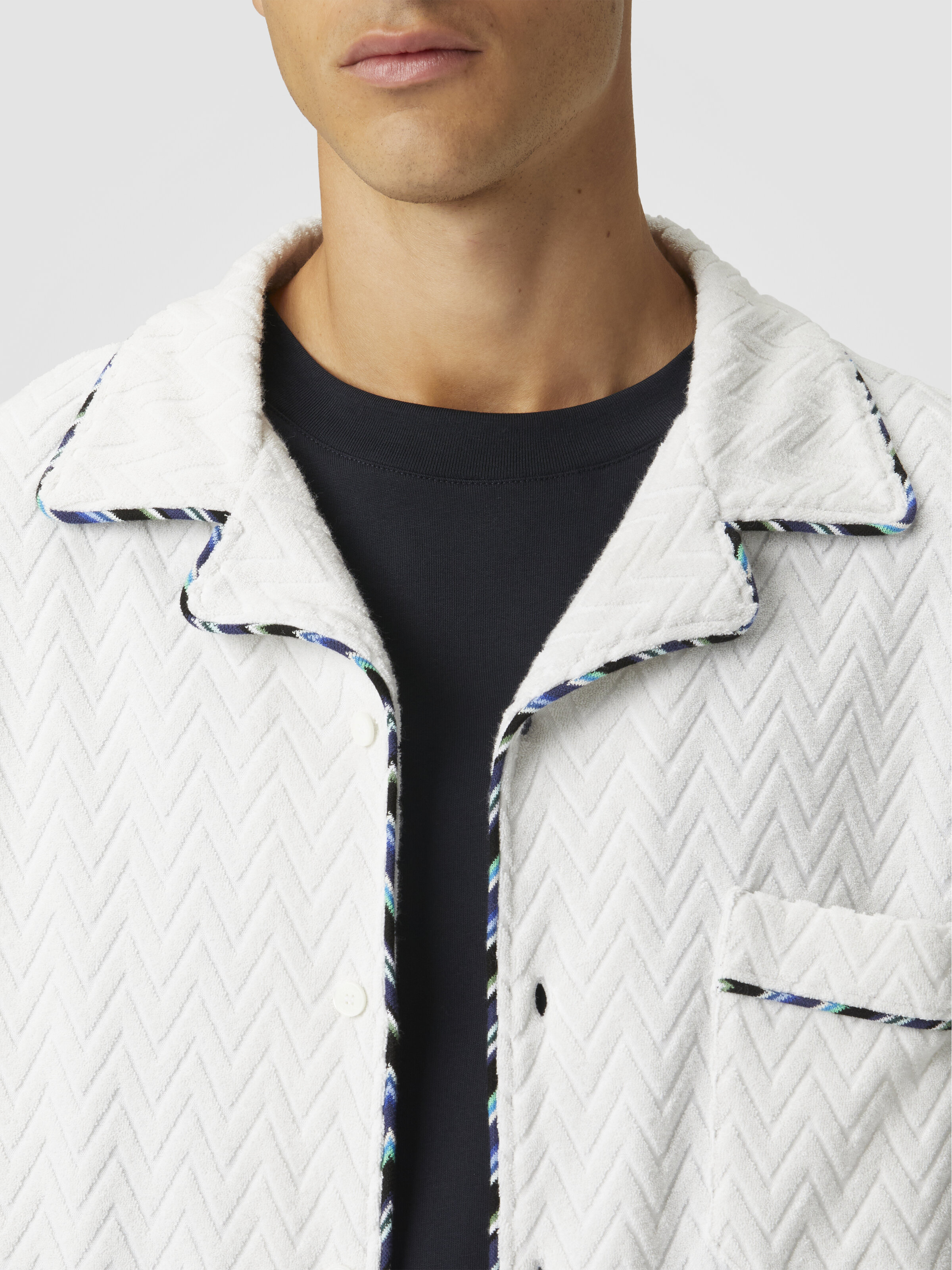 Bowling shirt in zig zag cotton terry with contrasting profiles, White  - 4