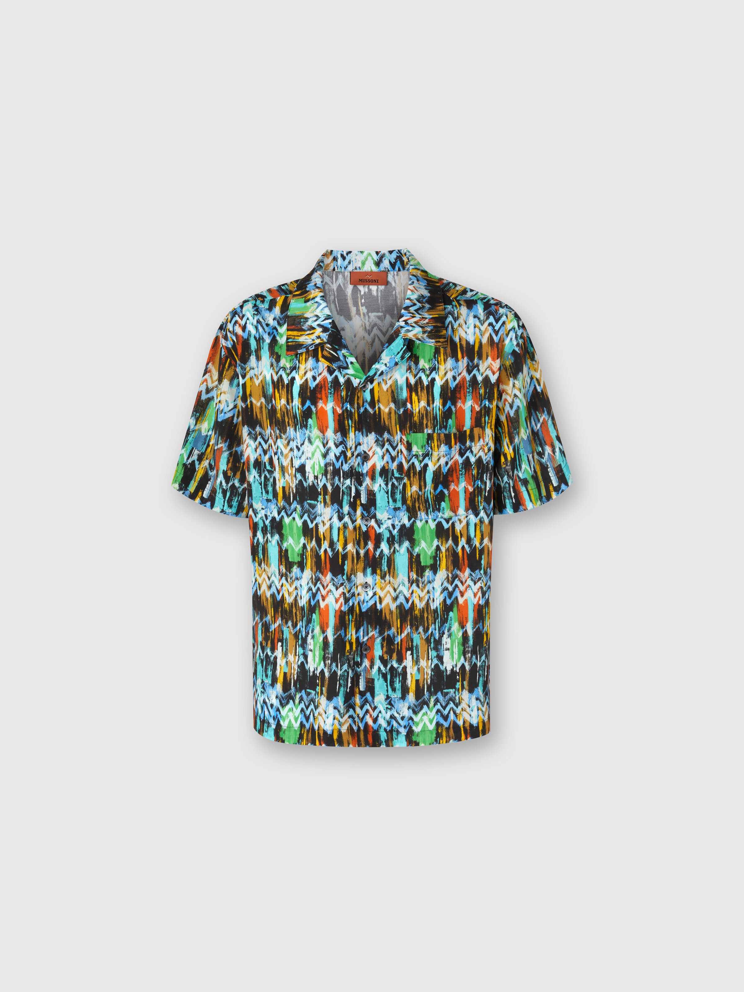Viscose bowling shirt with zig zag print brushed effect, Black Multicoloured  - 0
