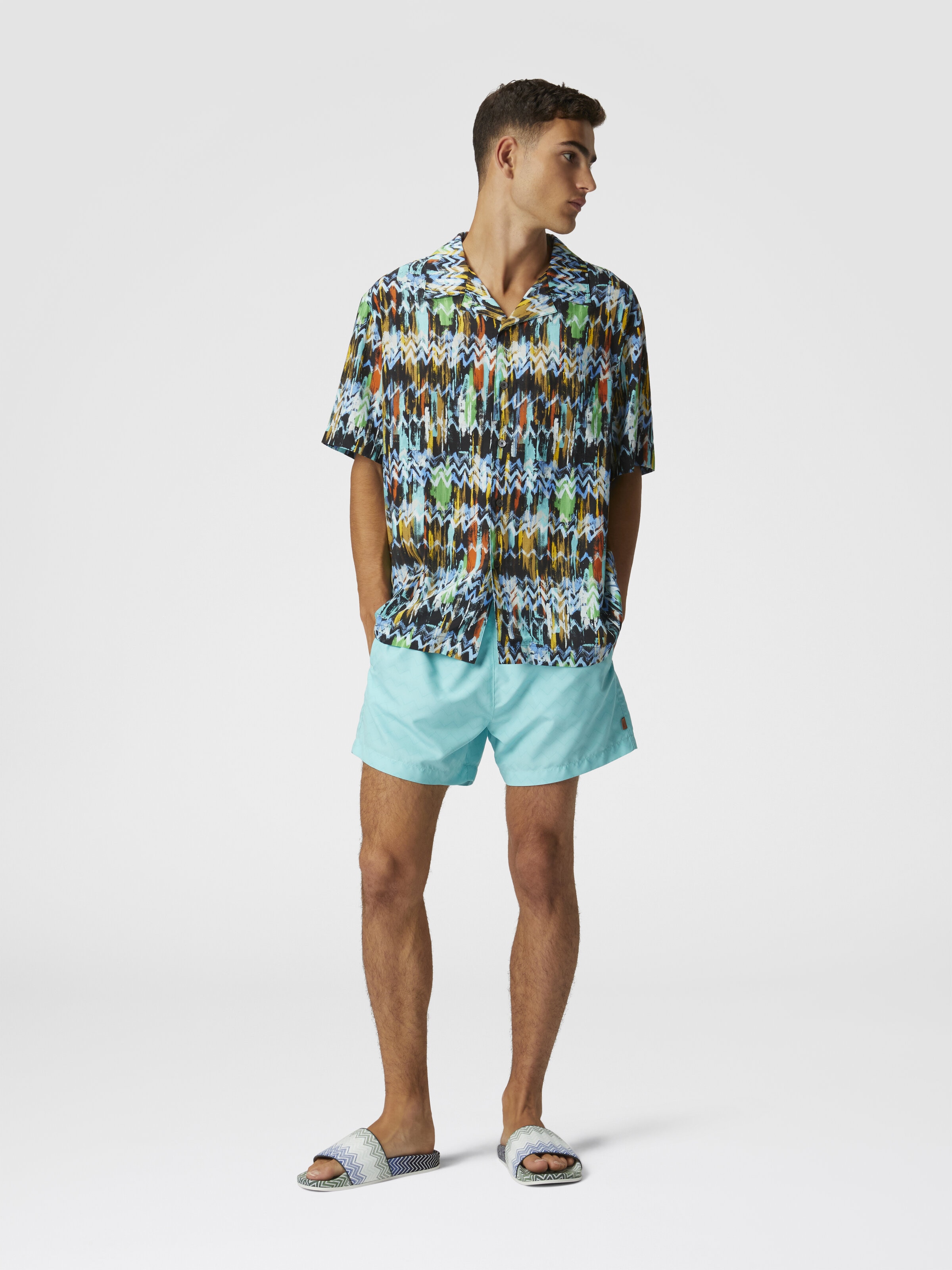Viscose bowling shirt with zig zag print brushed effect, Black Multicoloured  - 1