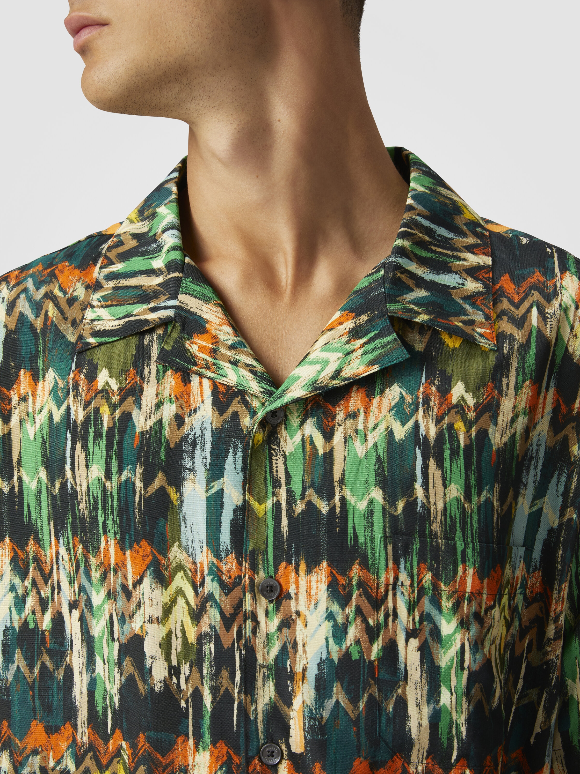 Viscose bowling shirt with zig zag print brushed effect, Green - 4