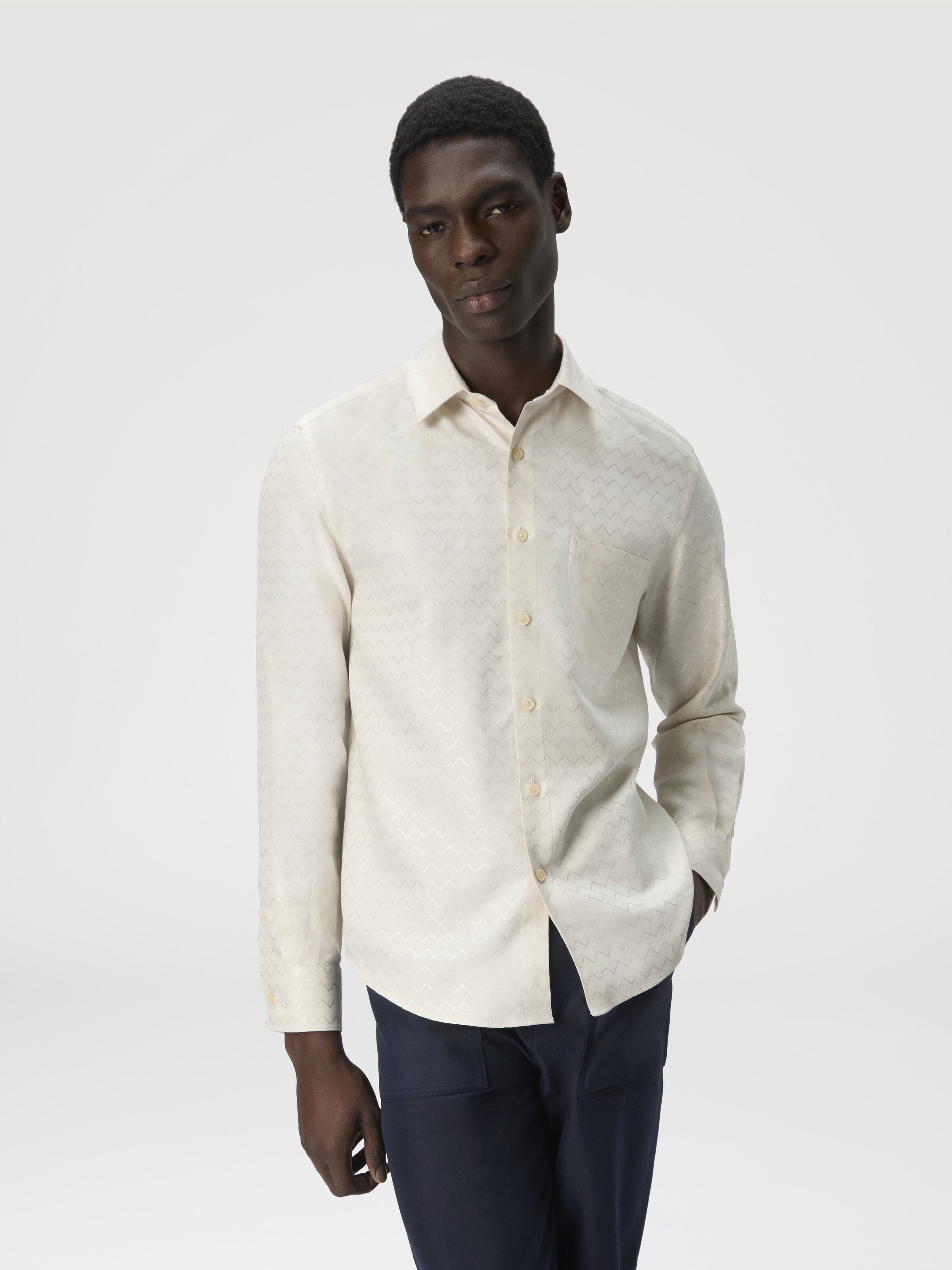 Camisa de algodón, viscosa y lino con estampado en zigzag brillante, Verde  - 3