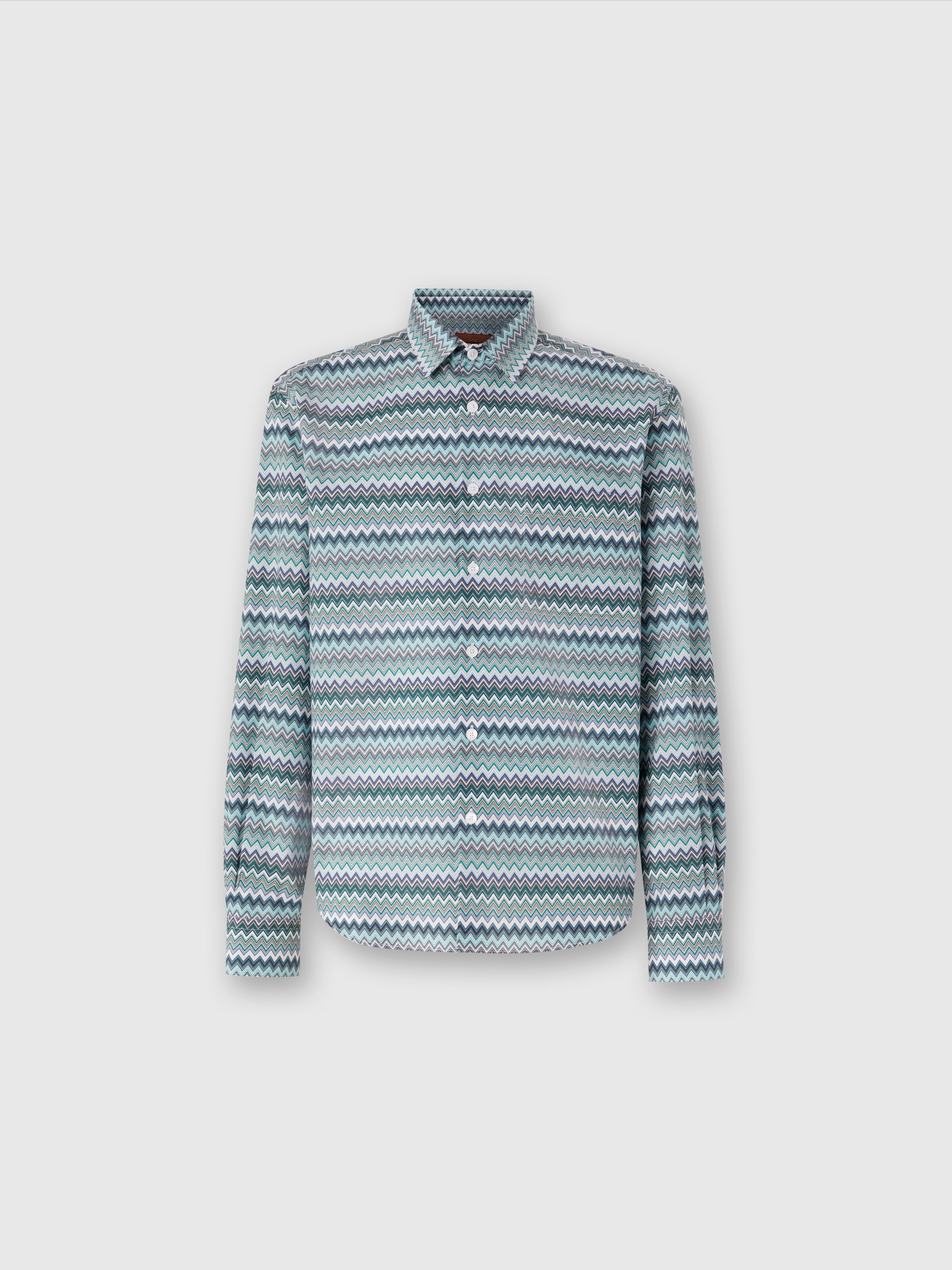 Camicia in popeline di cotone zig zag con taschino, Verde - 0