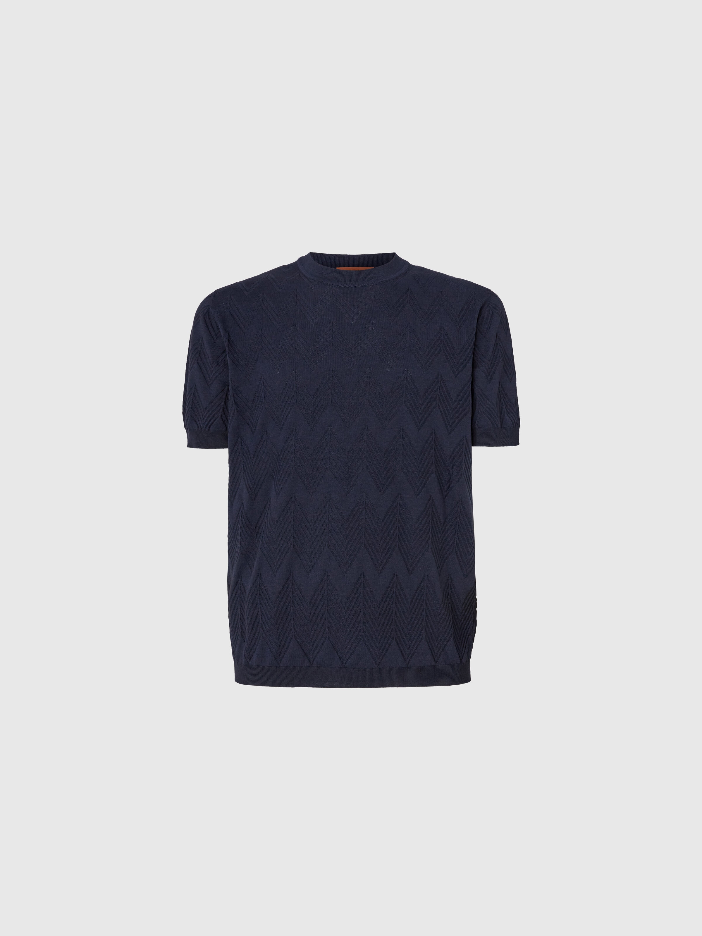 Cotton and silk knit crewneck T-shirt with 3D chevron, Blue - 0
