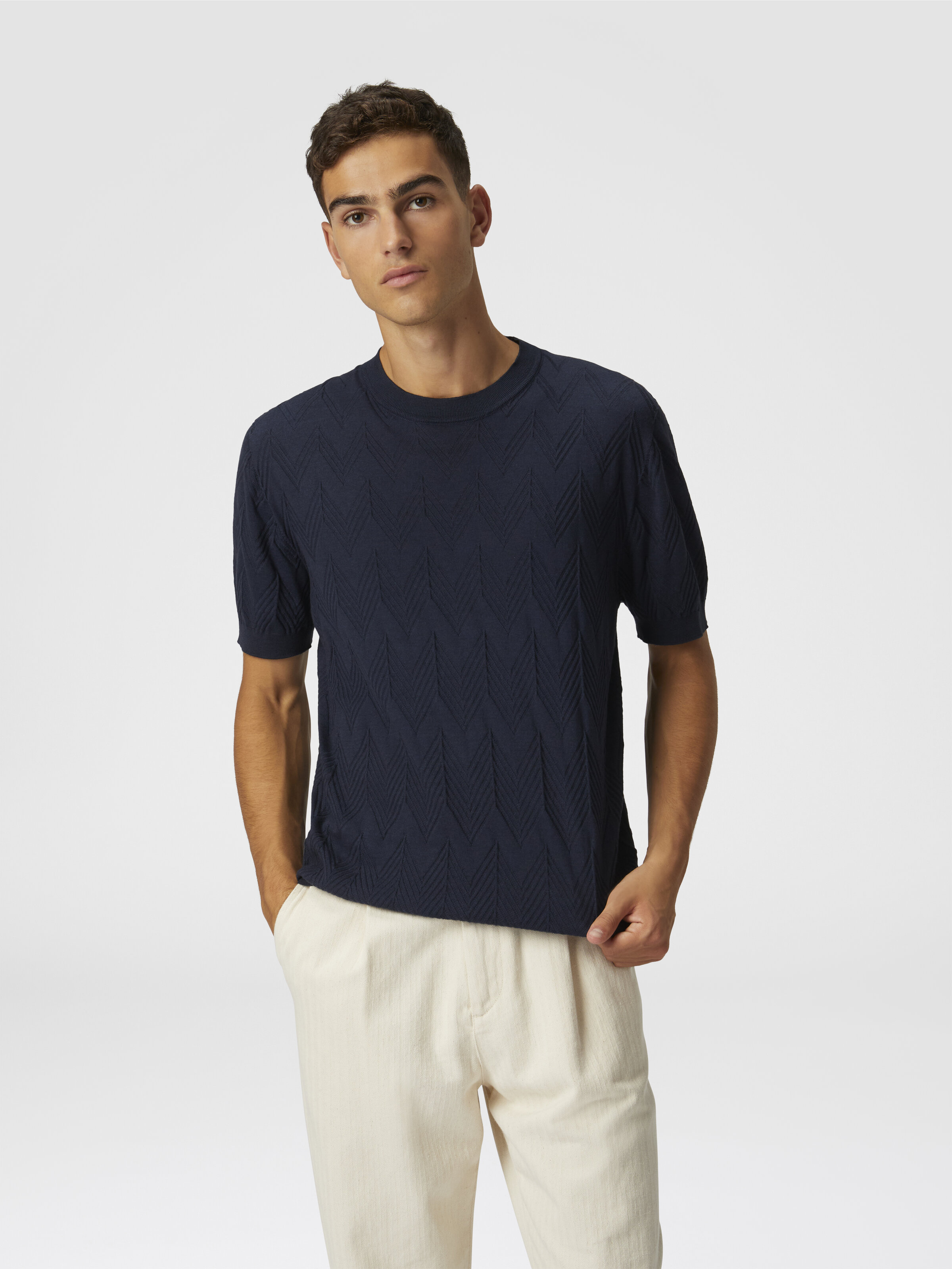 Cotton and silk knit crewneck T-shirt with 3D chevron, Blue - 3