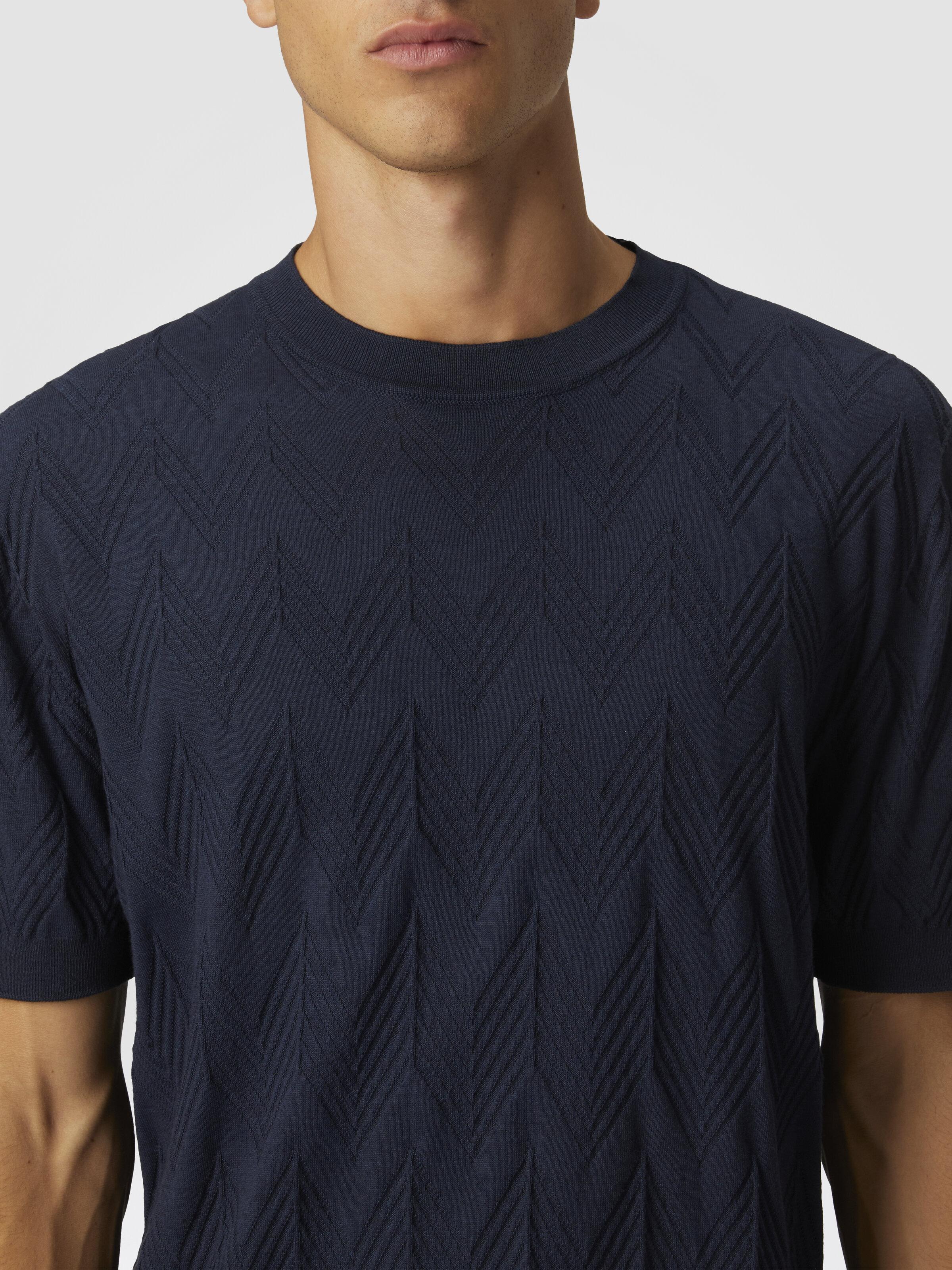 Cotton and silk knit crewneck T-shirt with 3D chevron, Blue - 4
