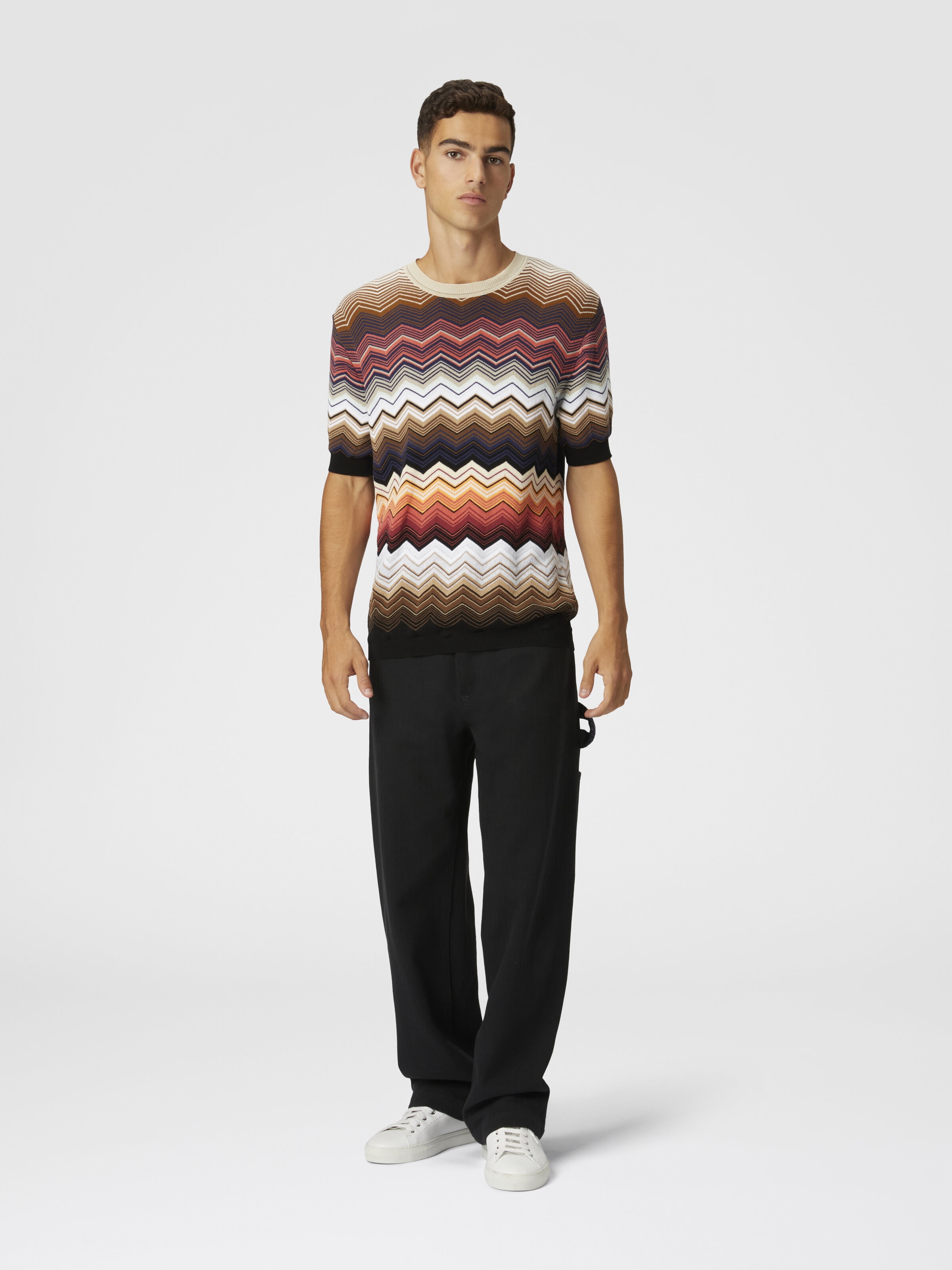 Zig zag cotton knit crewneck T-shirt with contrasting piping, Orange - 1