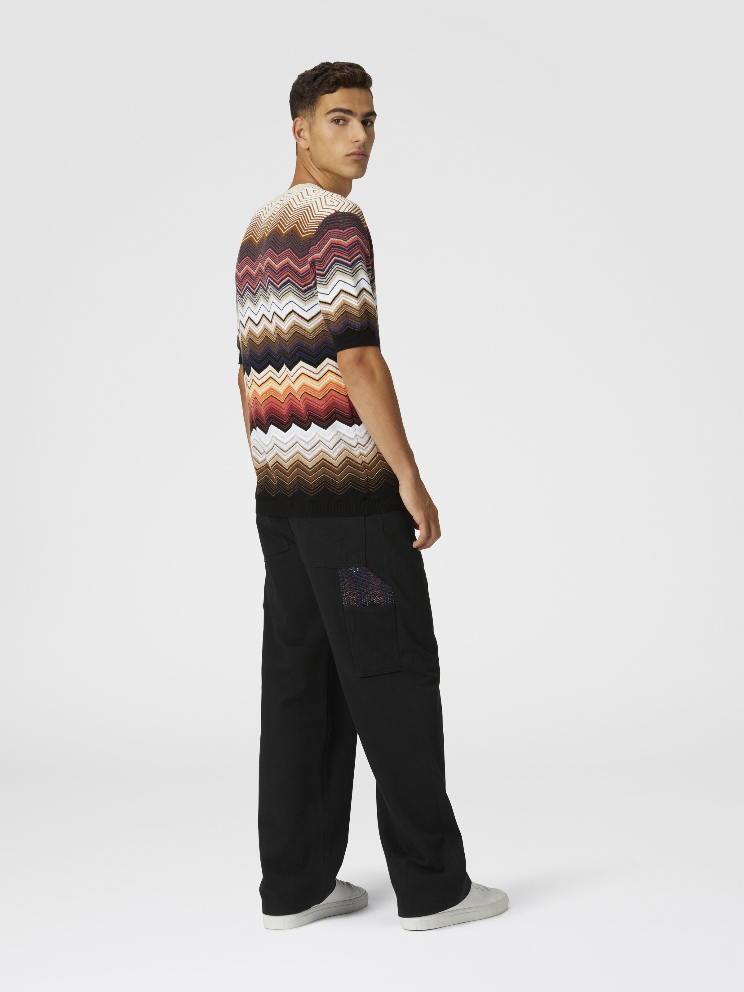 Zig zag cotton knit crewneck T-shirt with contrasting piping, Orange - 2