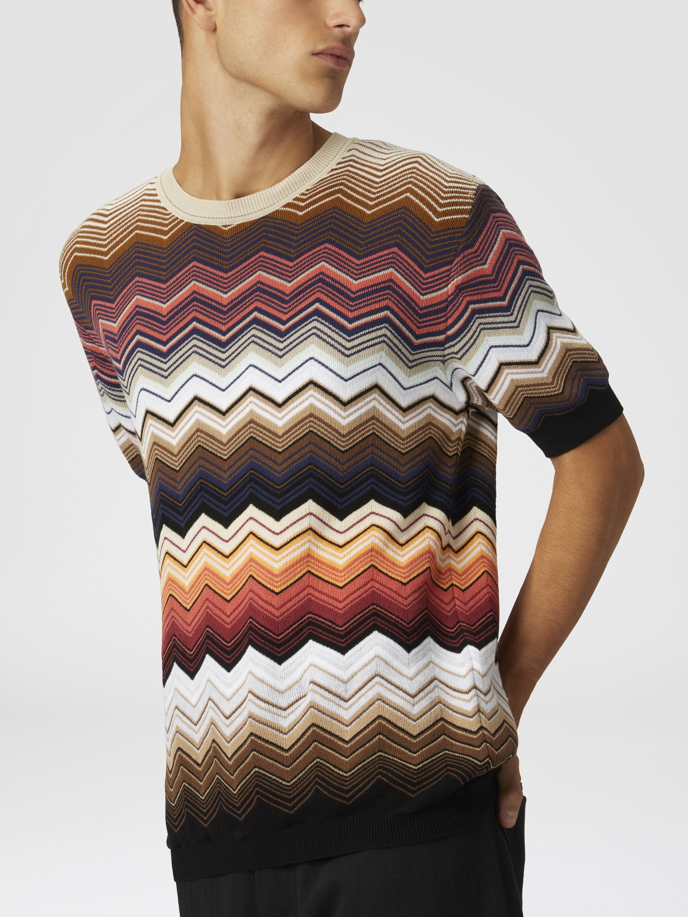Zig zag cotton knit crewneck T-shirt with contrasting piping, Orange - 3