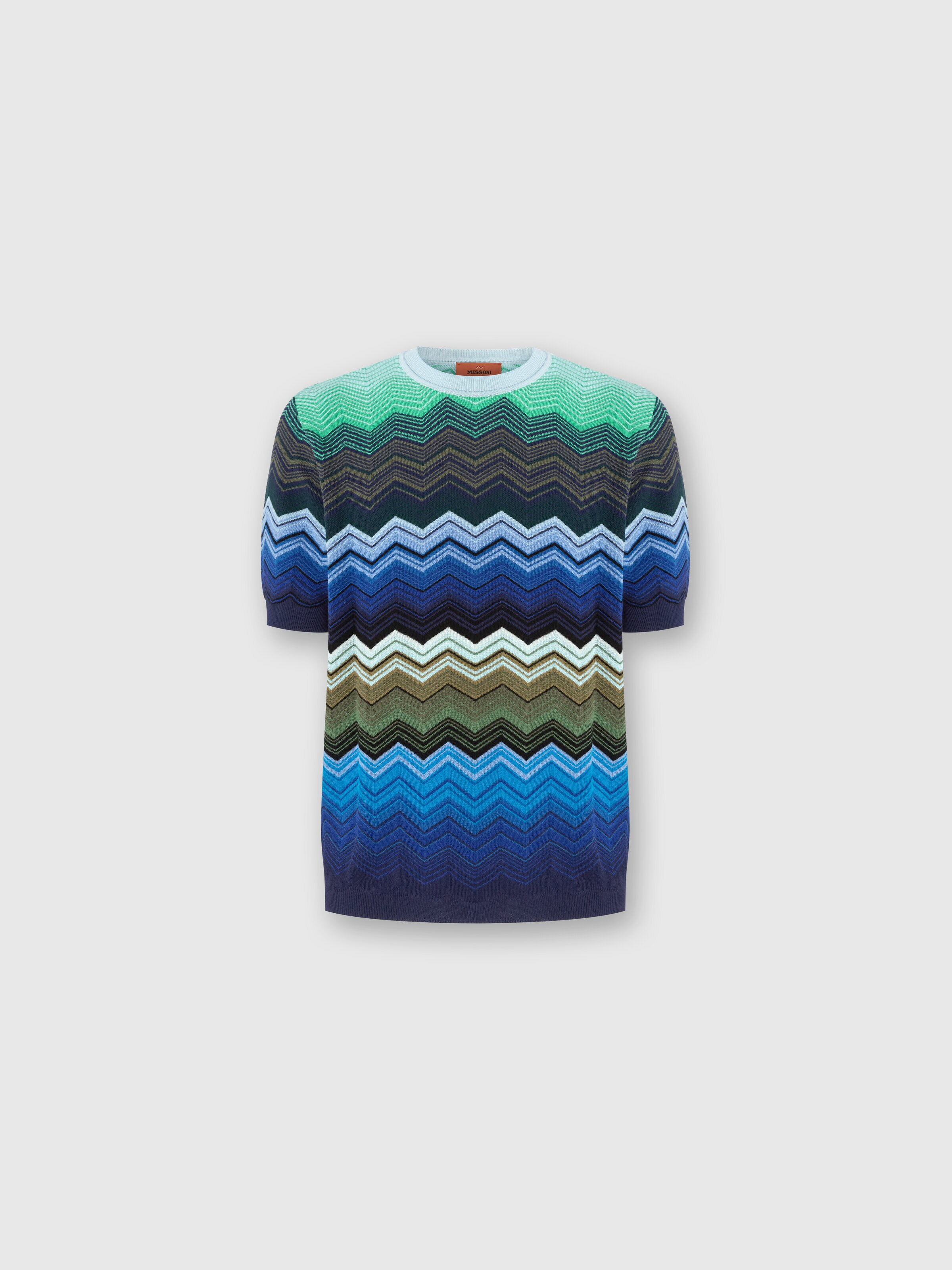 Zig zag cotton knit crewneck T-shirt with contrasting piping, Blue & Green - 0