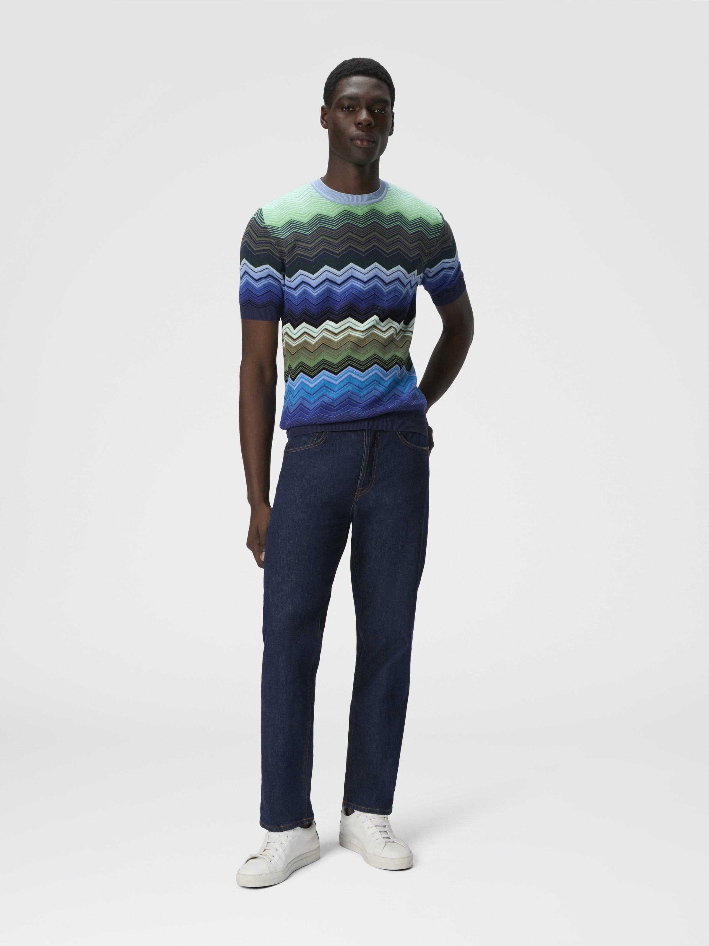 Zig zag cotton knit crewneck T-shirt with contrasting piping, Blue & Green - 1