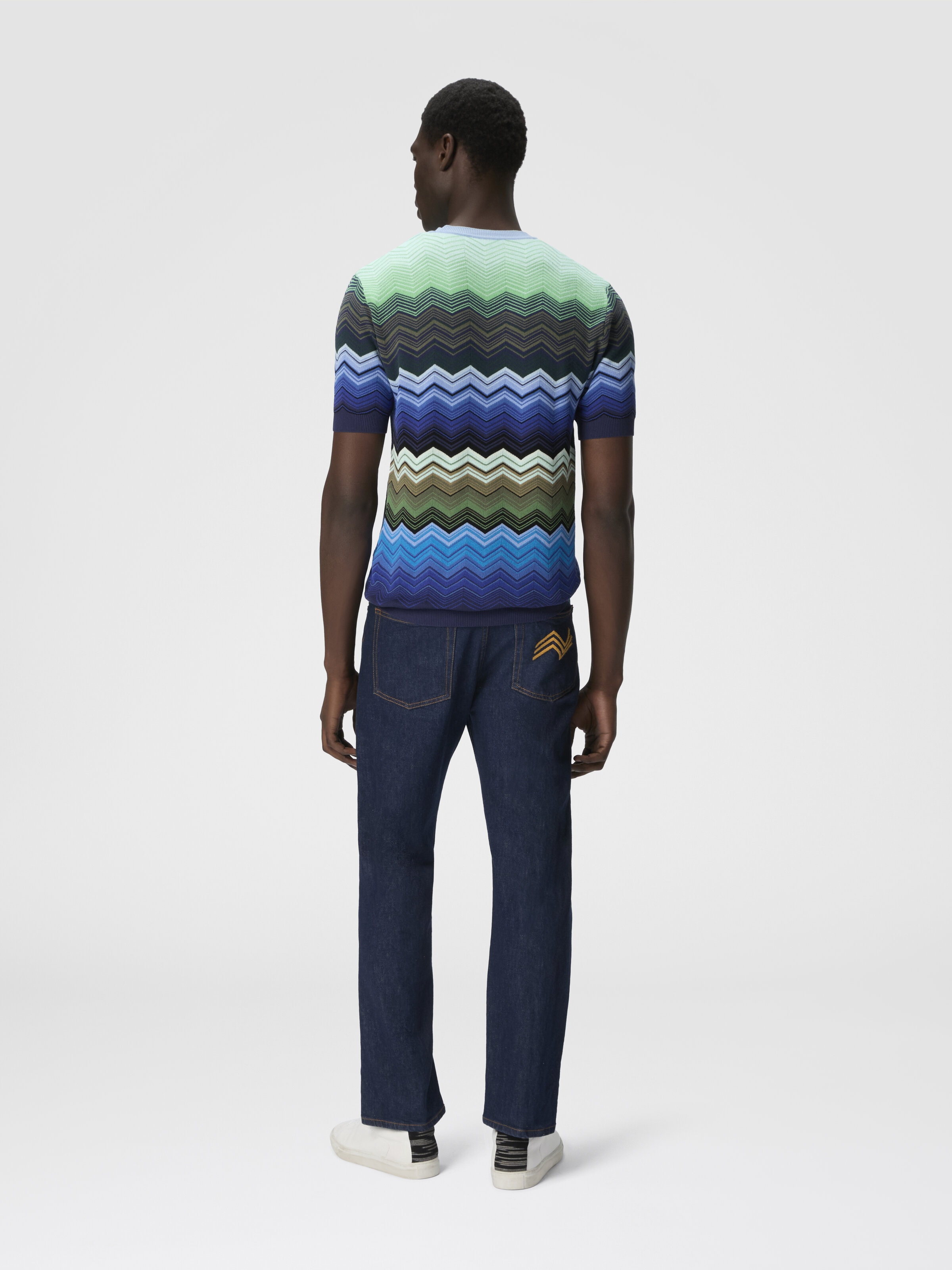 Zig zag cotton knit crewneck T-shirt with contrasting piping, Blue & Green - 2