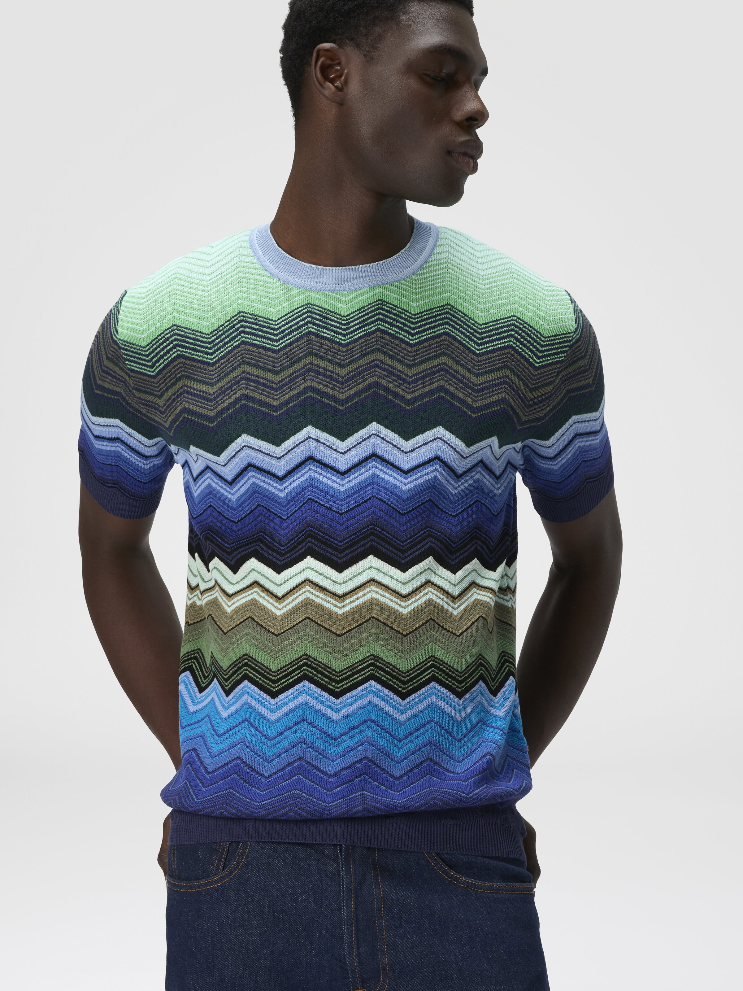 Zig zag cotton knit crewneck T-shirt with contrasting piping, Blue & Green - 3