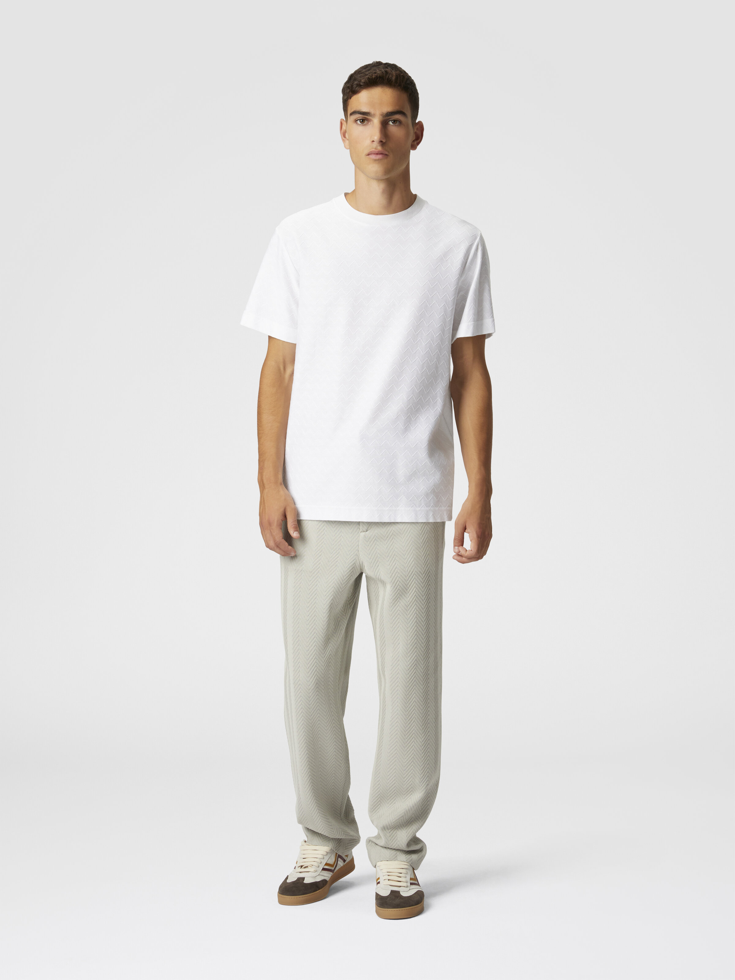Tone-on-tone zig zag cotton jersey crewneck T-shirt, White  - 1
