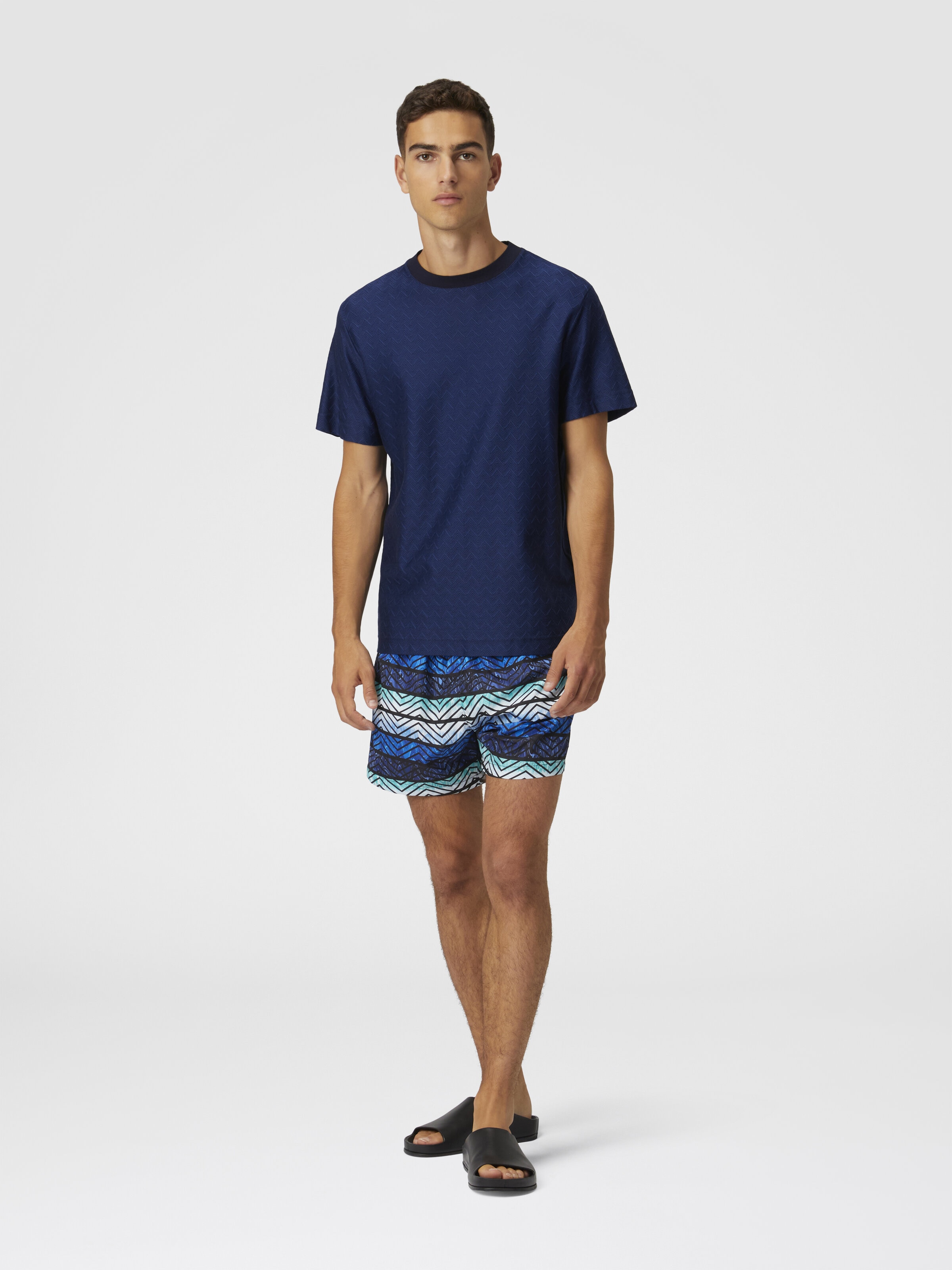 Tone-on-tone zig zag cotton jersey crewneck T-shirt, Blue - 1