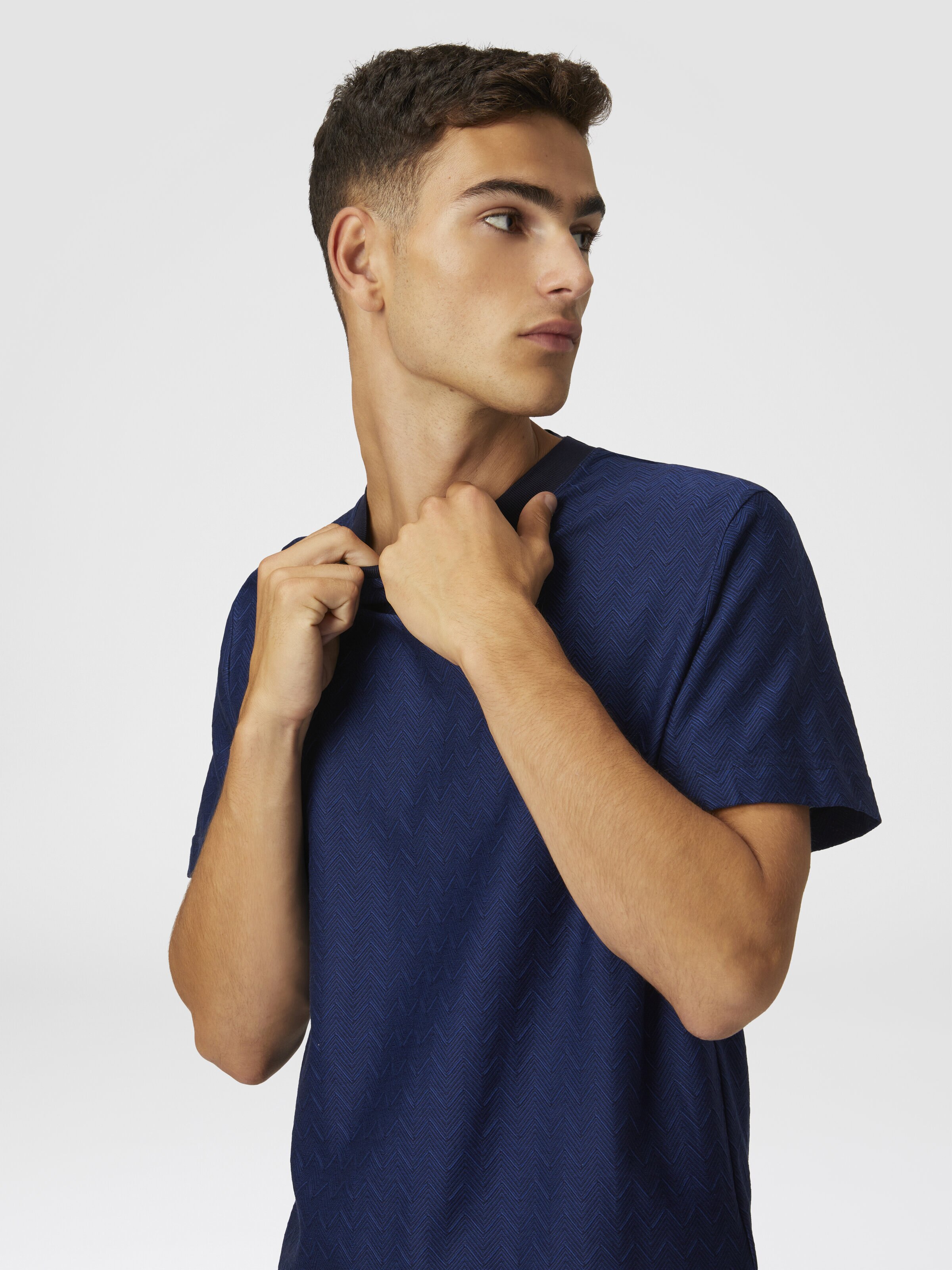 Tone-on-tone zig zag cotton jersey crewneck T-shirt, Blue - 3
