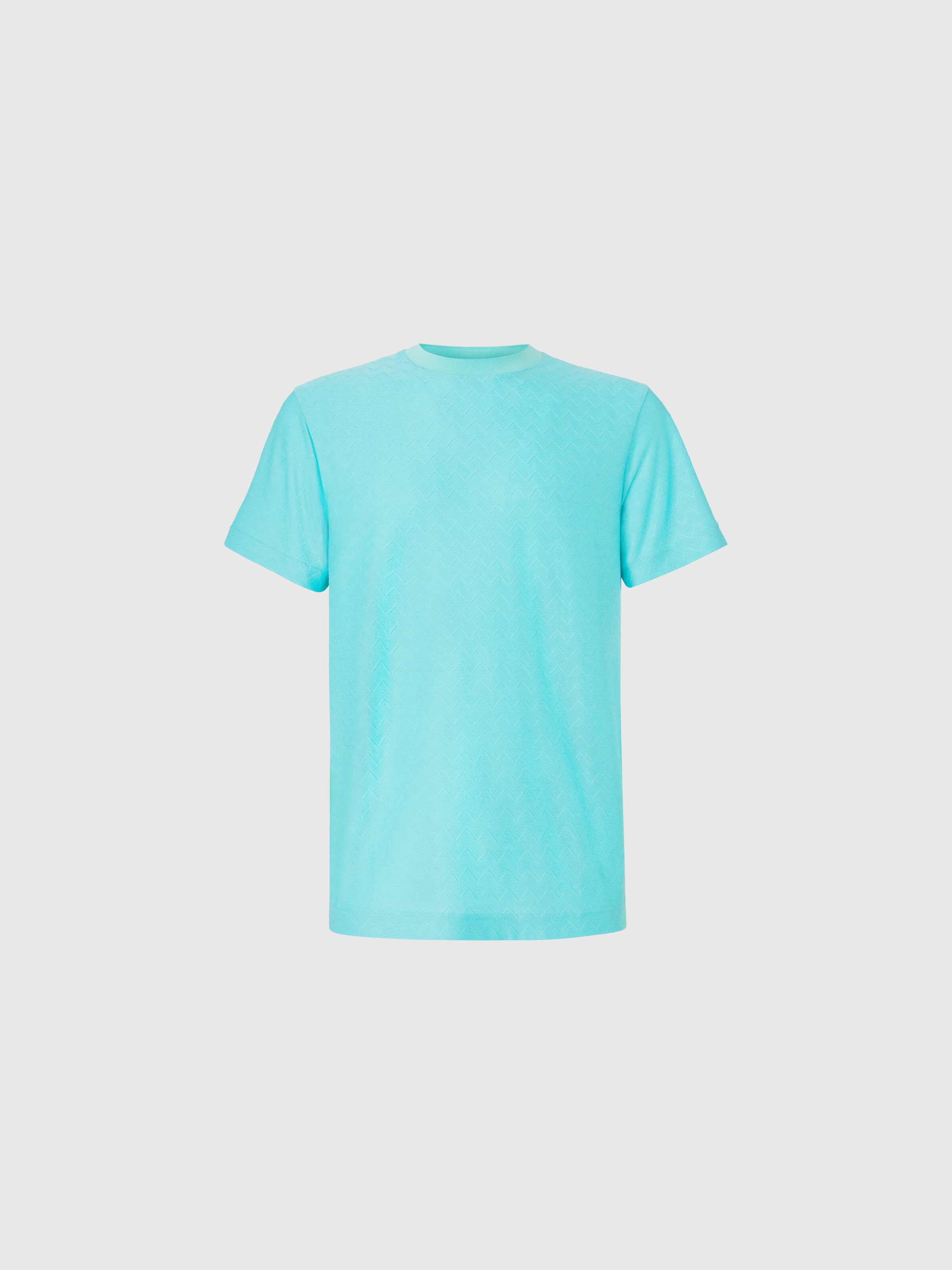 Camiseta de cuello redondo de punto de algodón en zig zag tono sobre tono, Turquesa  - 0
