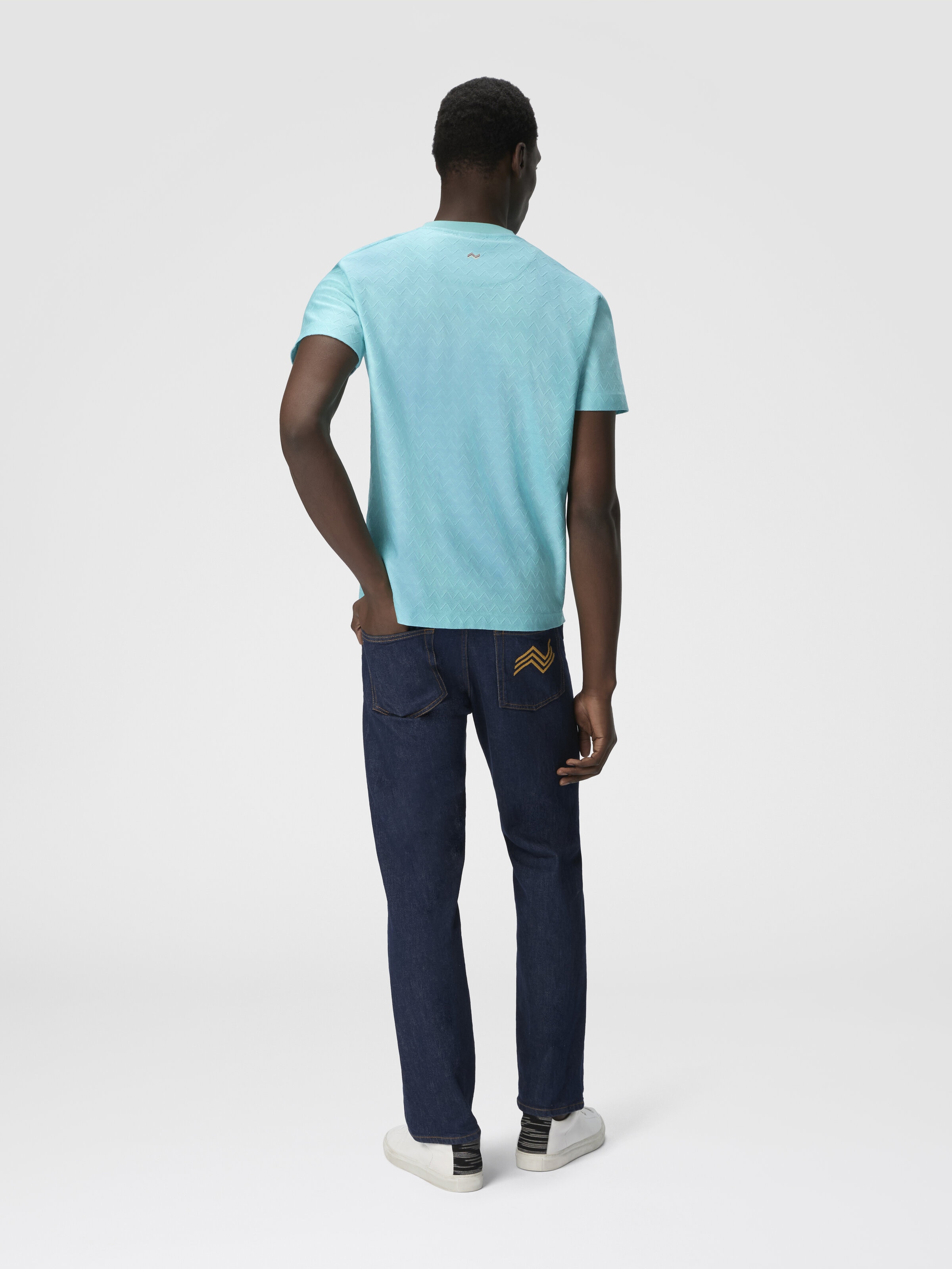 Camiseta de cuello redondo de punto de algodón en zig zag tono sobre tono, Turquesa  - 2