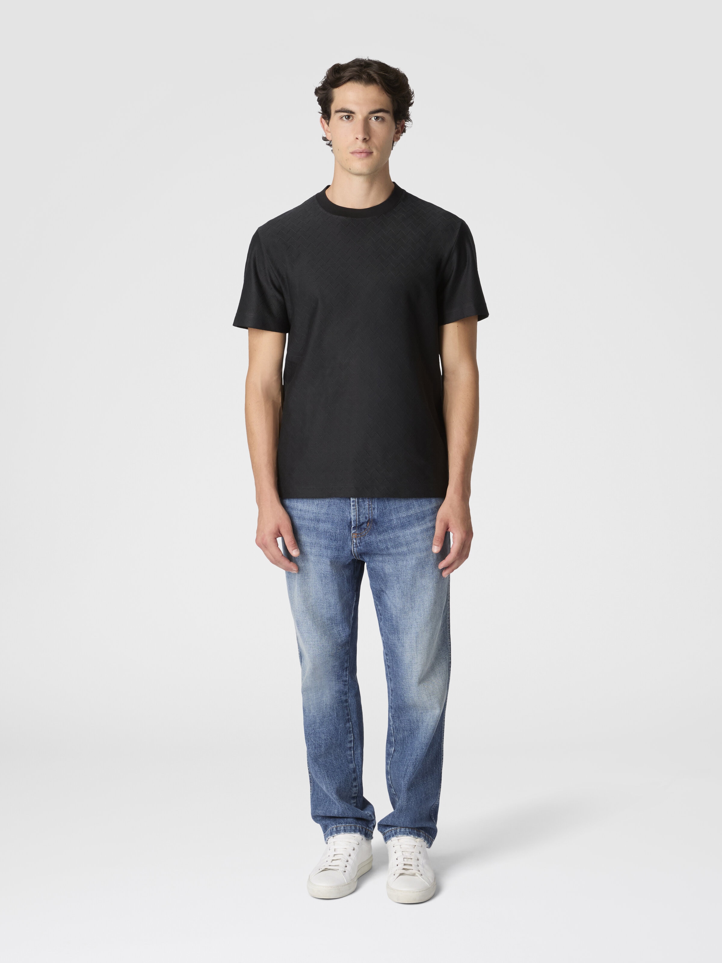 Tone-on-tone zig zag cotton jersey crewneck T-shirt, Grey - 1