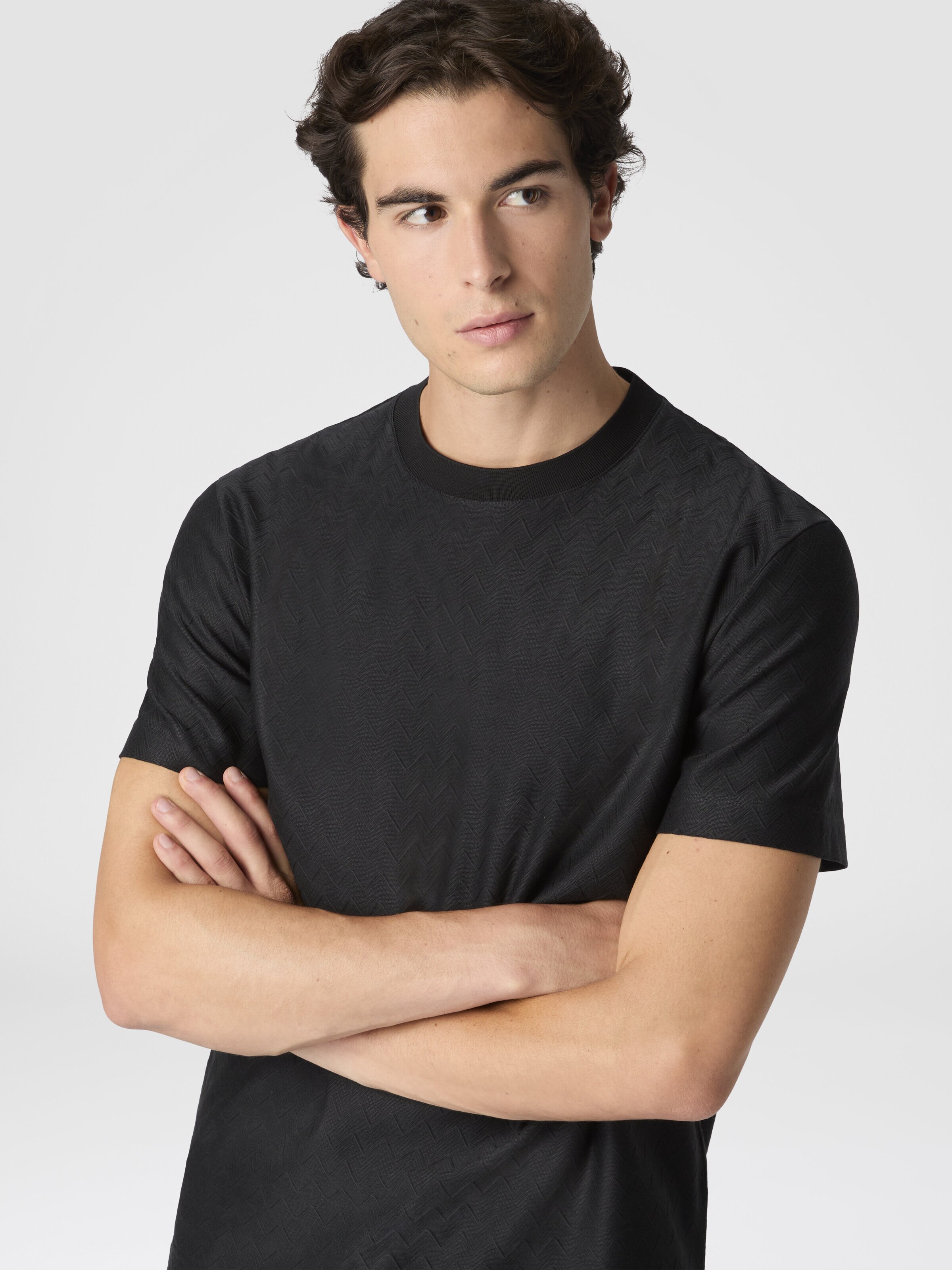 Tone-on-tone zig zag cotton jersey crewneck T-shirt, Grey - 3
