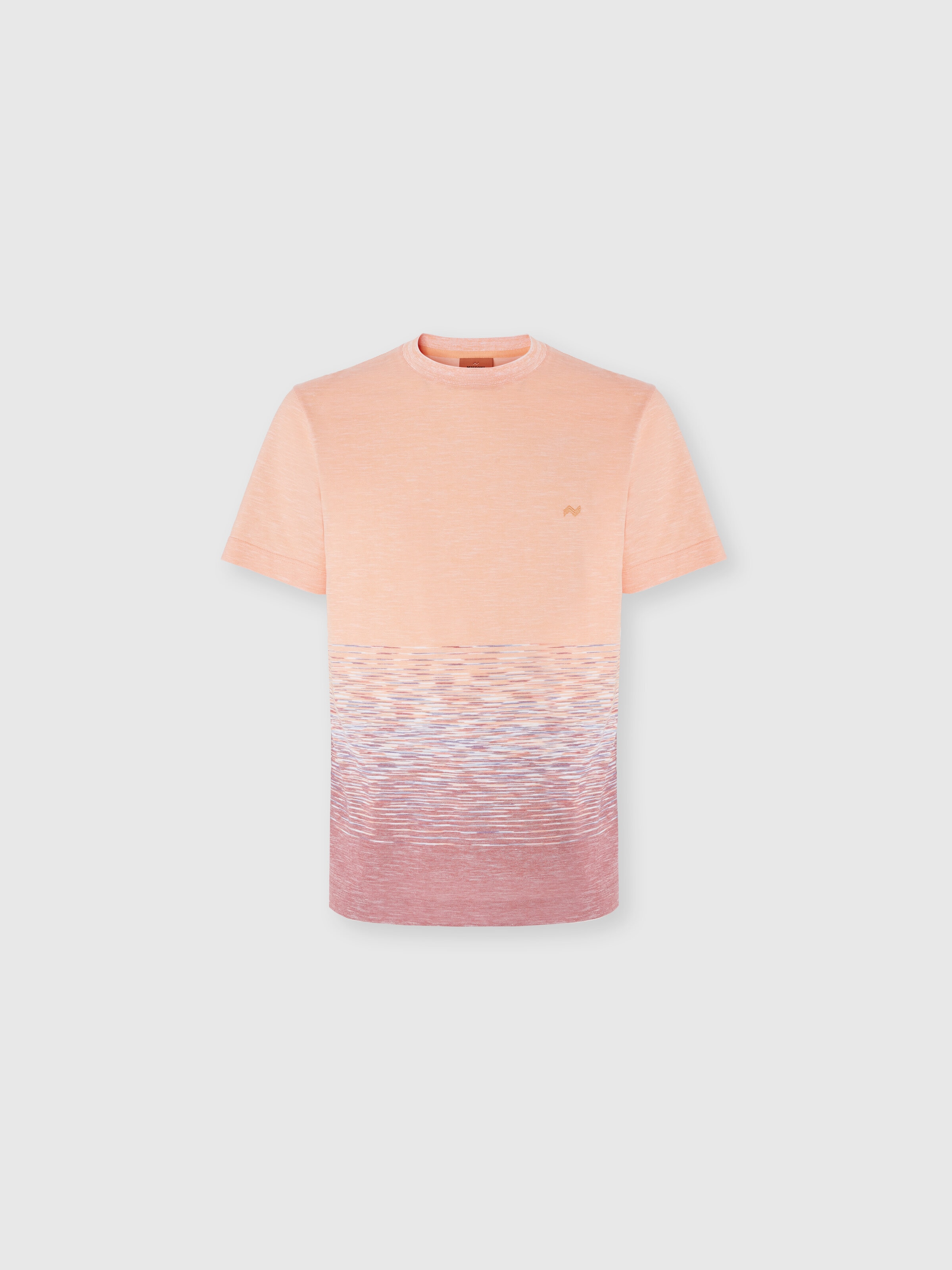 Crewneck T-shirt in slub cotton and linen with zigzag embroidery, Orange & Red  - 0