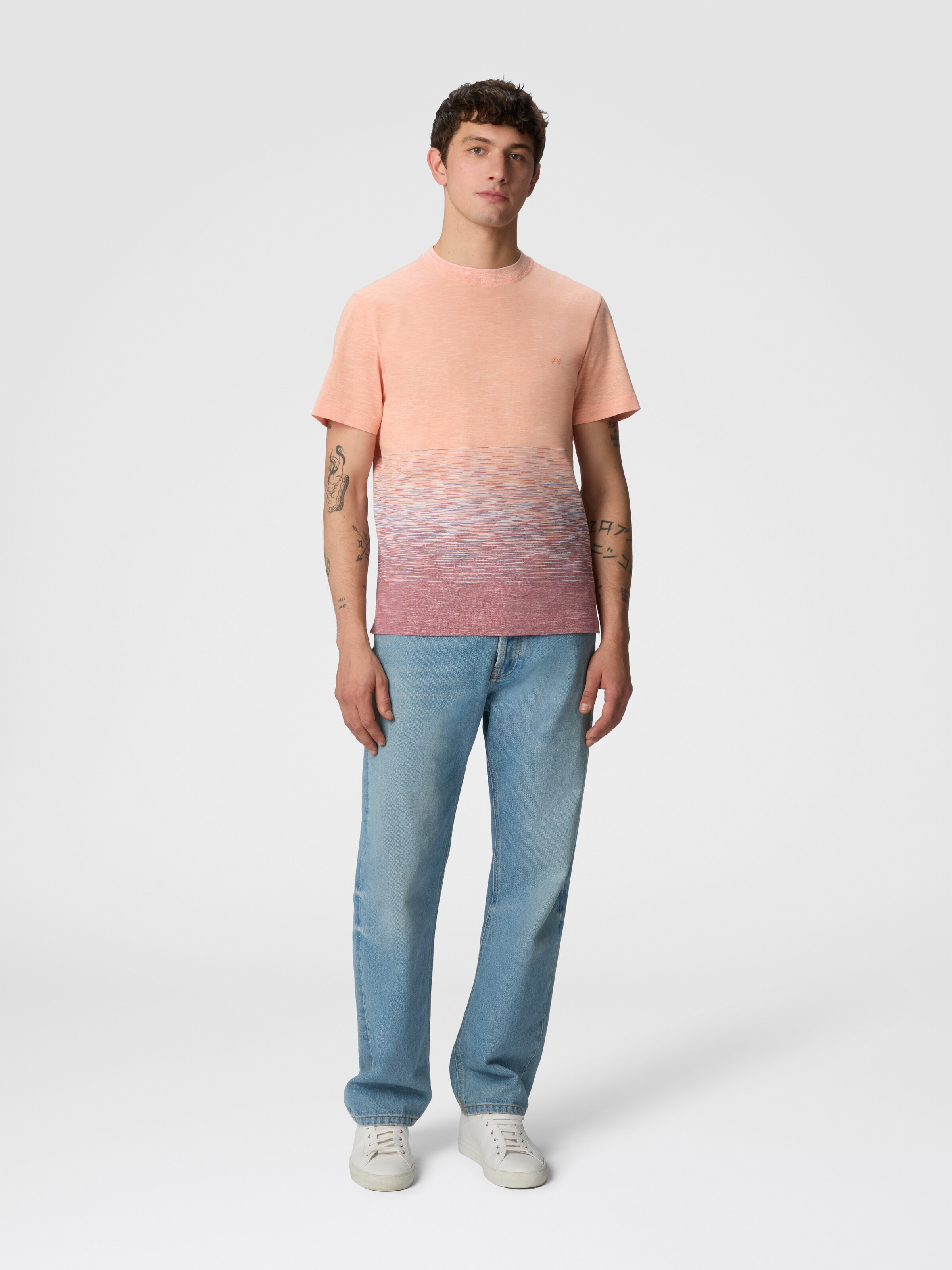 Crewneck T-shirt in slub cotton and linen with zigzag embroidery, Orange & Red  - 1