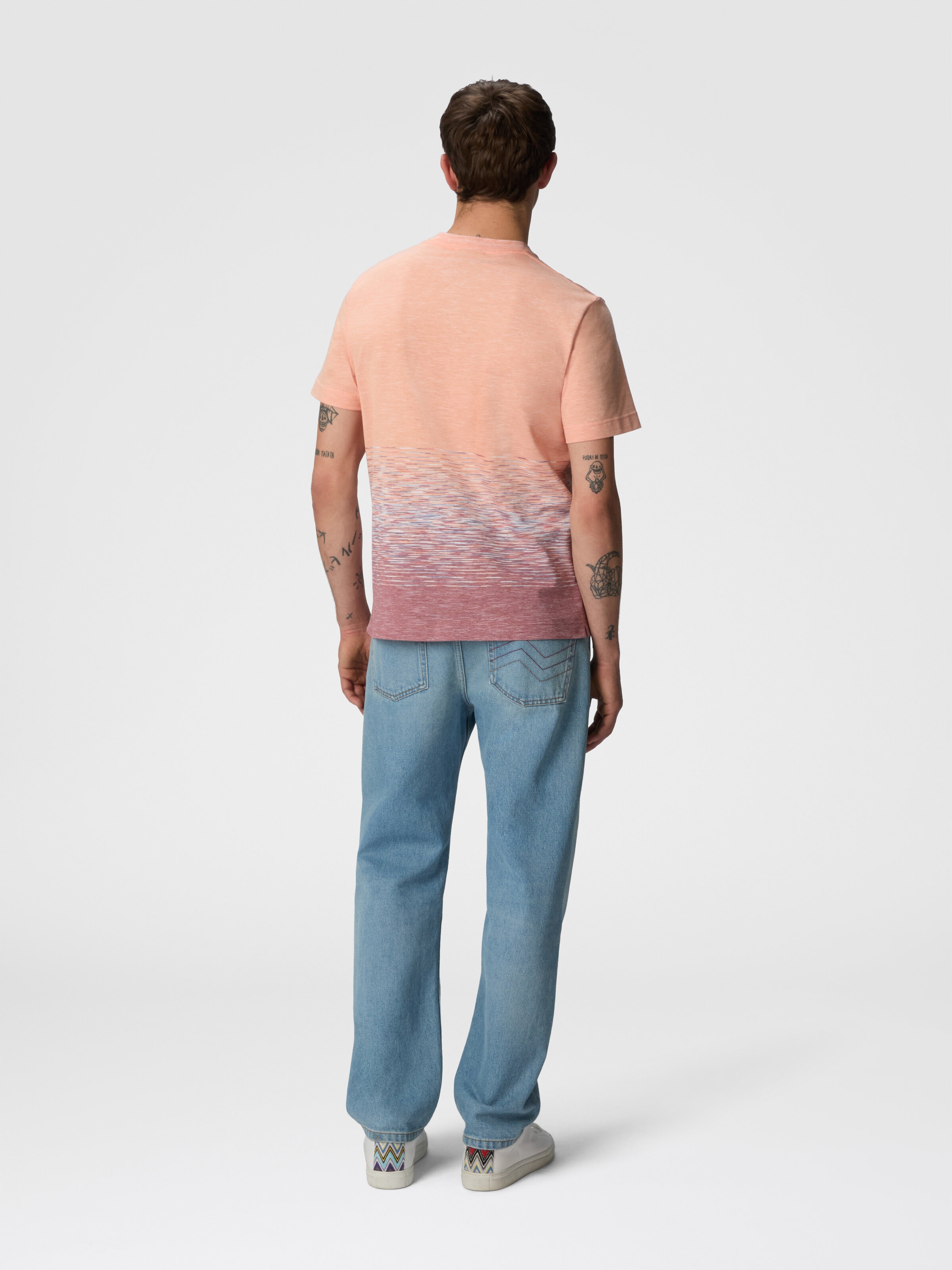Crewneck T-shirt in slub cotton and linen with zigzag embroidery, Orange & Red  - 2