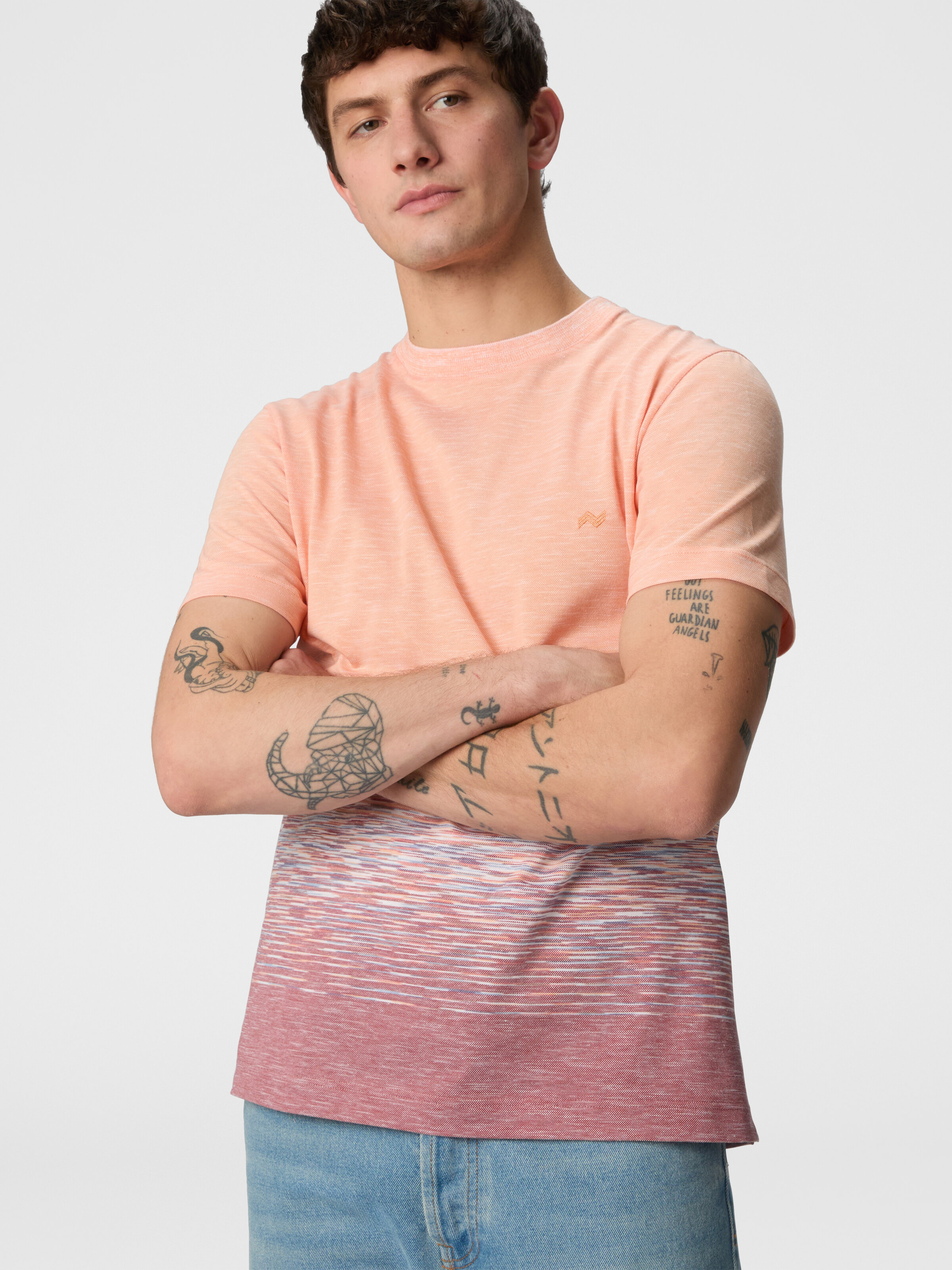 Crewneck T-shirt in slub cotton and linen with zigzag embroidery, Orange & Red  - 3