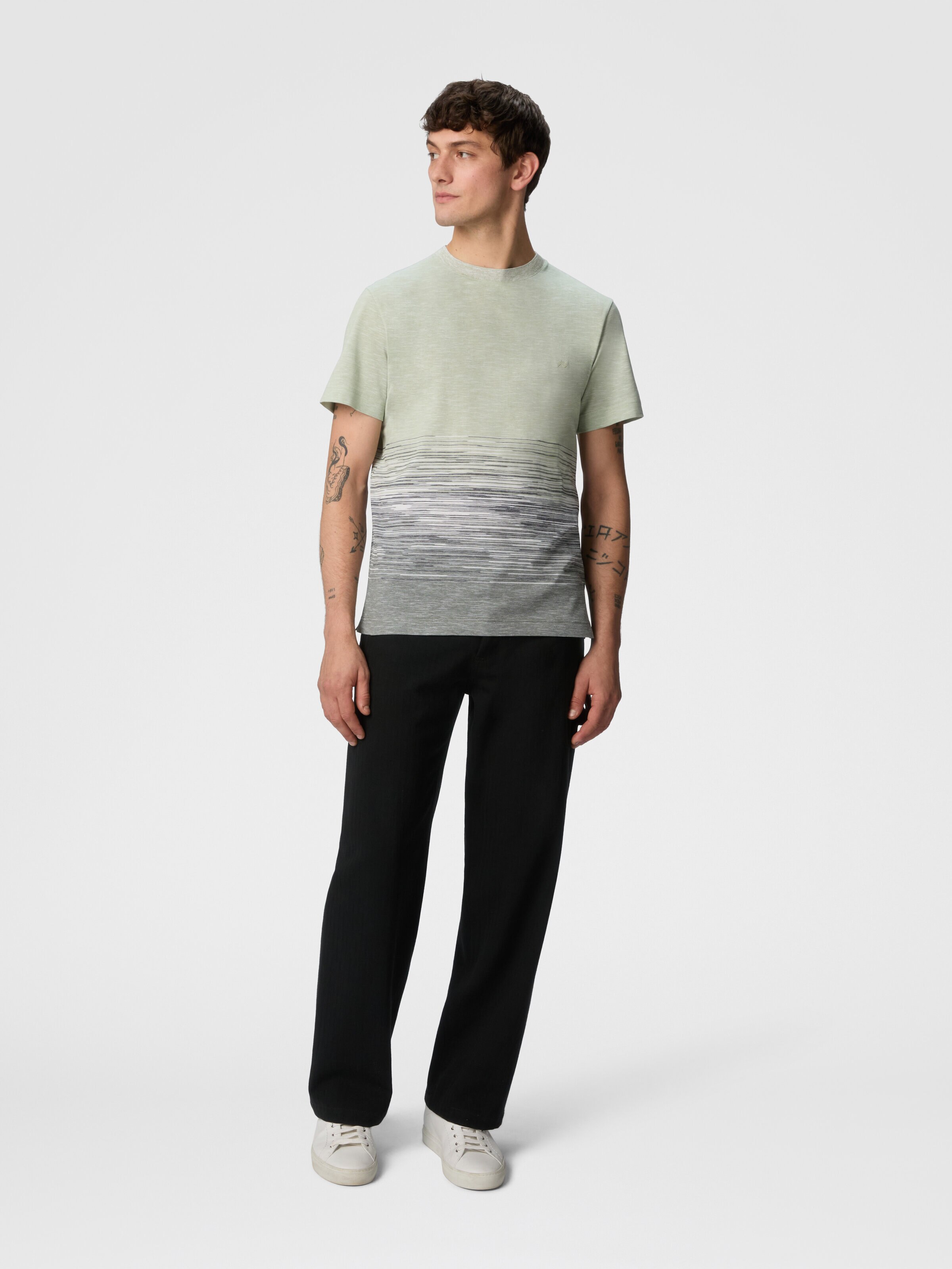 Crewneck T-shirt in slub cotton and linen with zigzag embroidery, Green  - 1