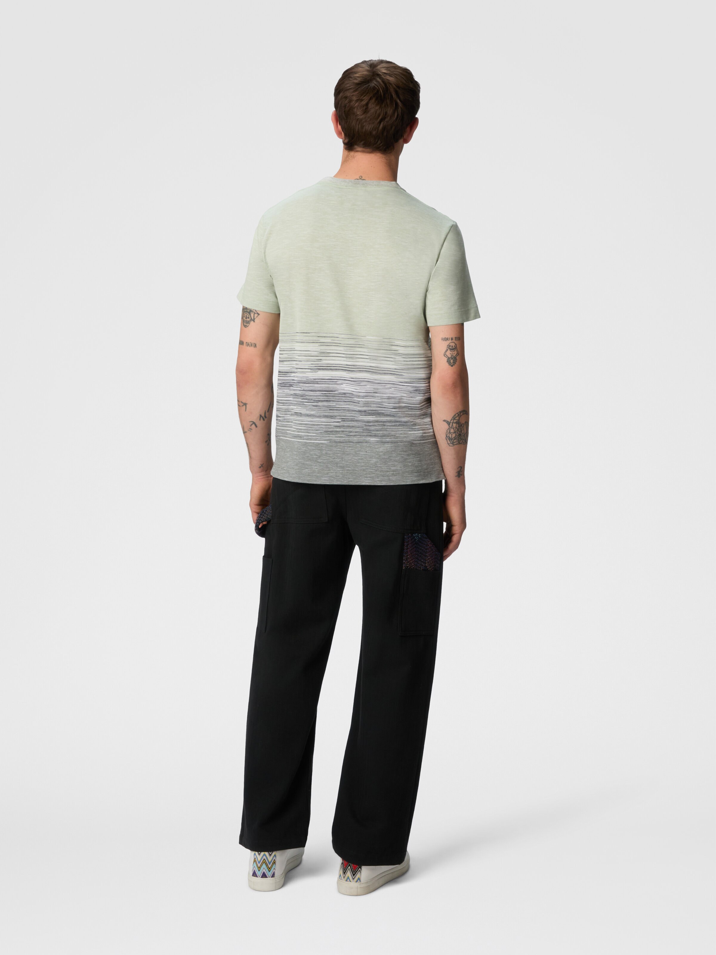 Crewneck T-shirt in slub cotton and linen with zigzag embroidery, Green  - 2