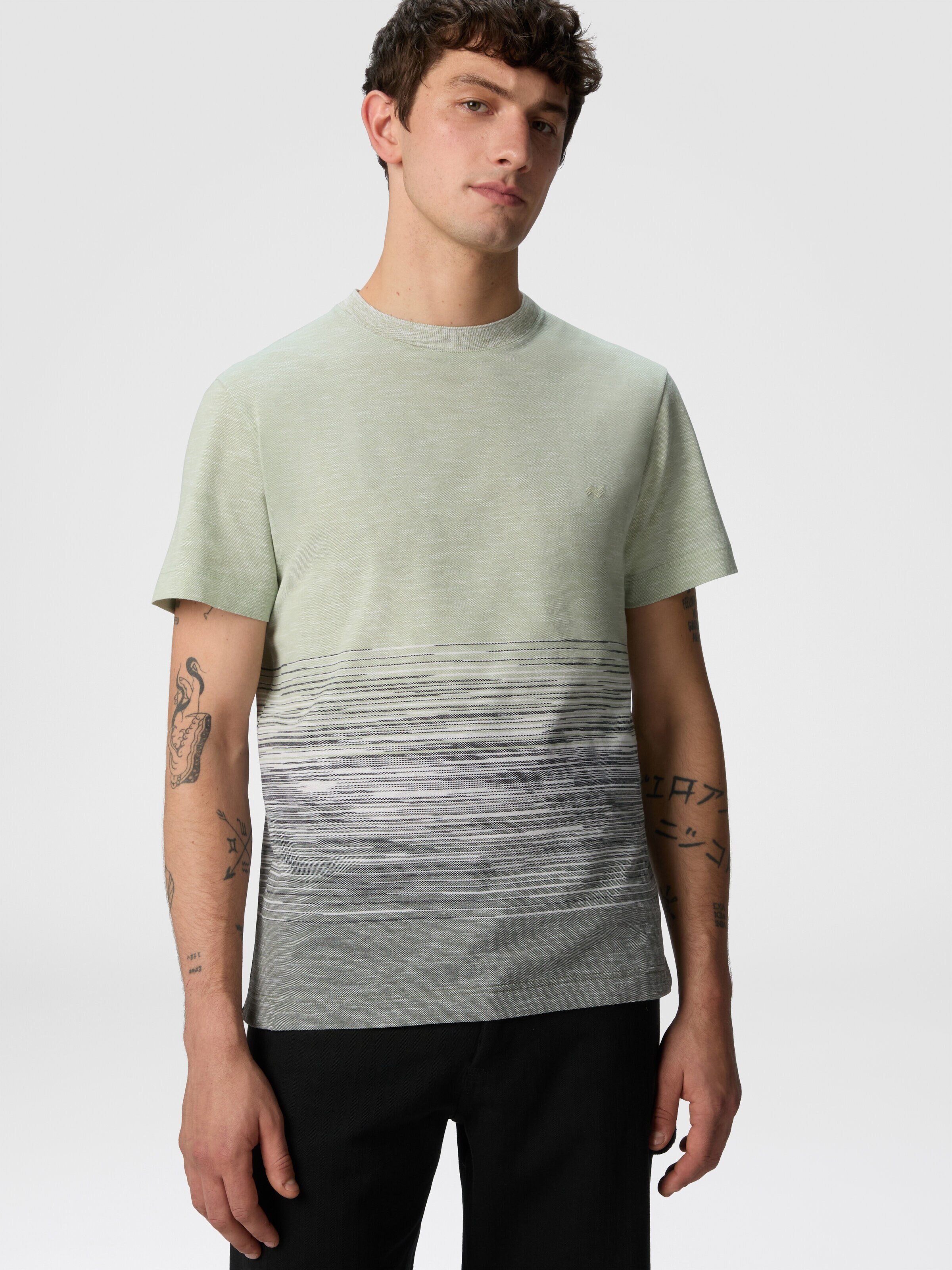 Crewneck T-shirt in slub cotton and linen with zigzag embroidery, Green  - 3