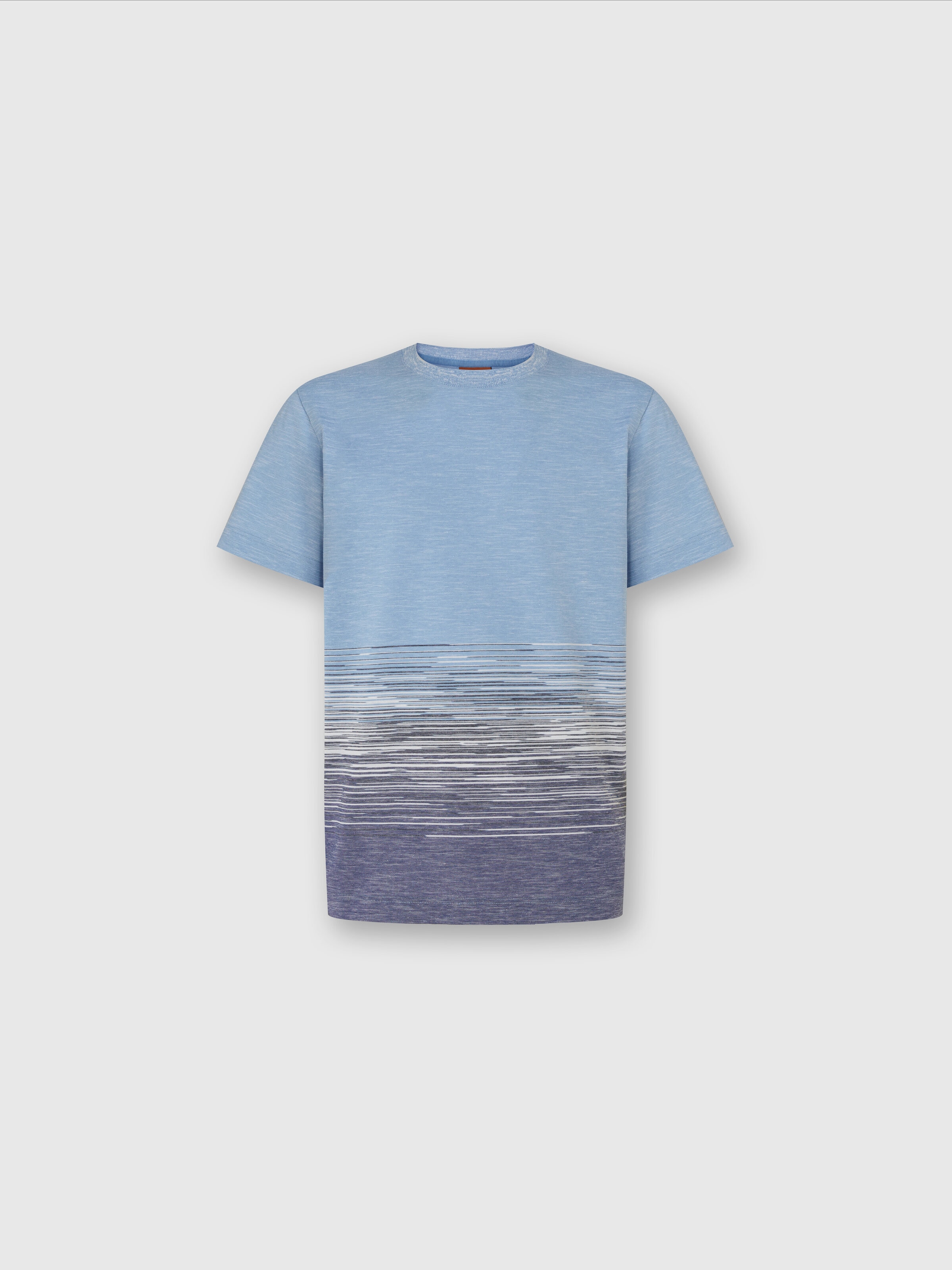 Crewneck T-shirt in slub cotton and linen with zigzag embroidery, Blue - 0